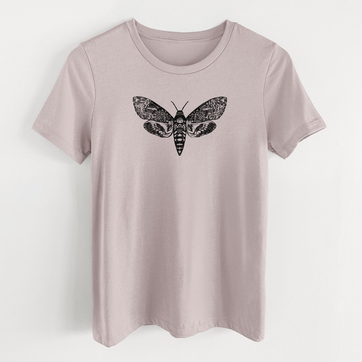 Pink gravel women's relaxed fit cotton t-shirt laid flat, printed with a detailed black ink illustration of a death's-head hawkmoth with its wings spread.