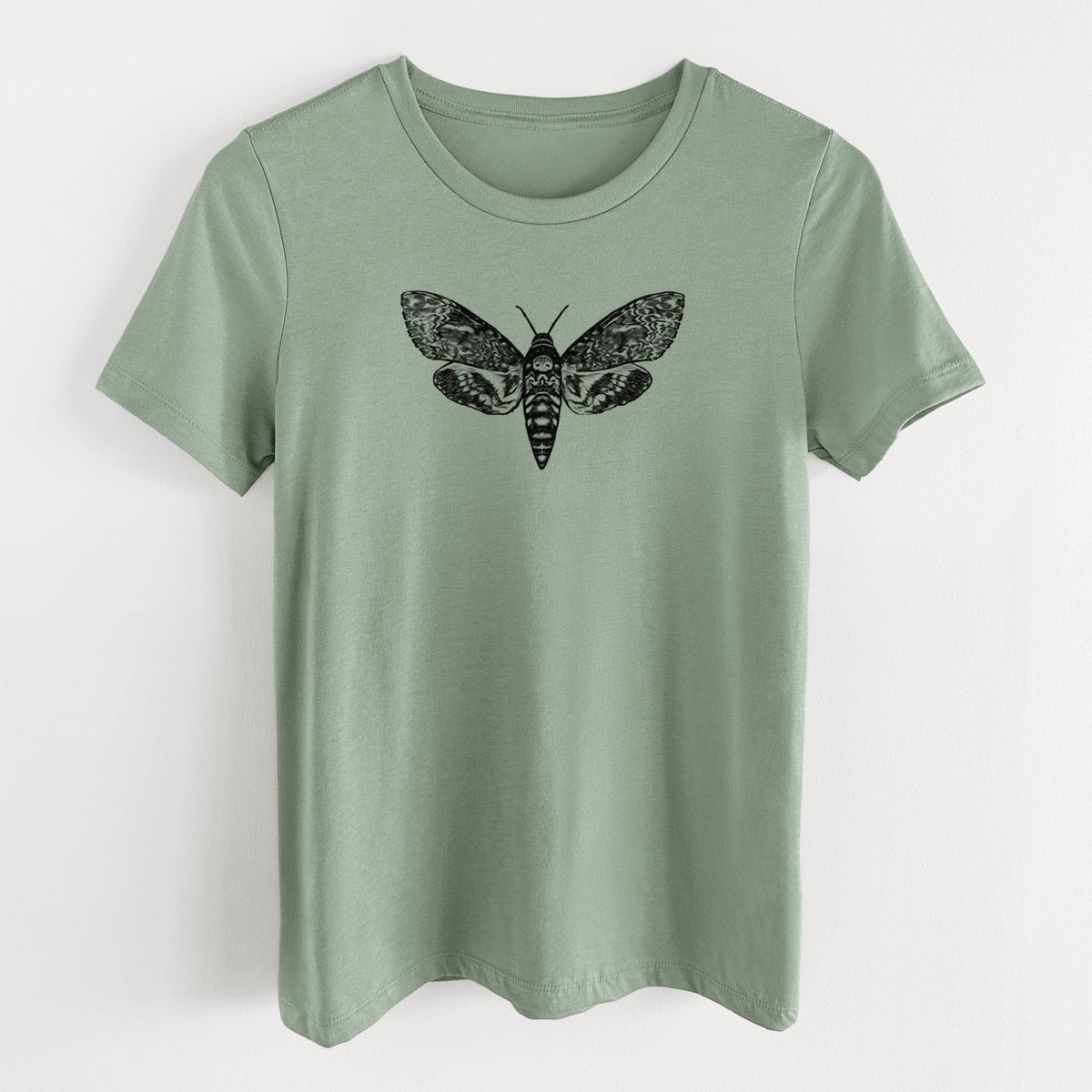 Sage green women's relaxed fit cotton t-shirt laid flat, printed with a detailed black ink illustration of a death's-head hawkmoth with its wings spread.