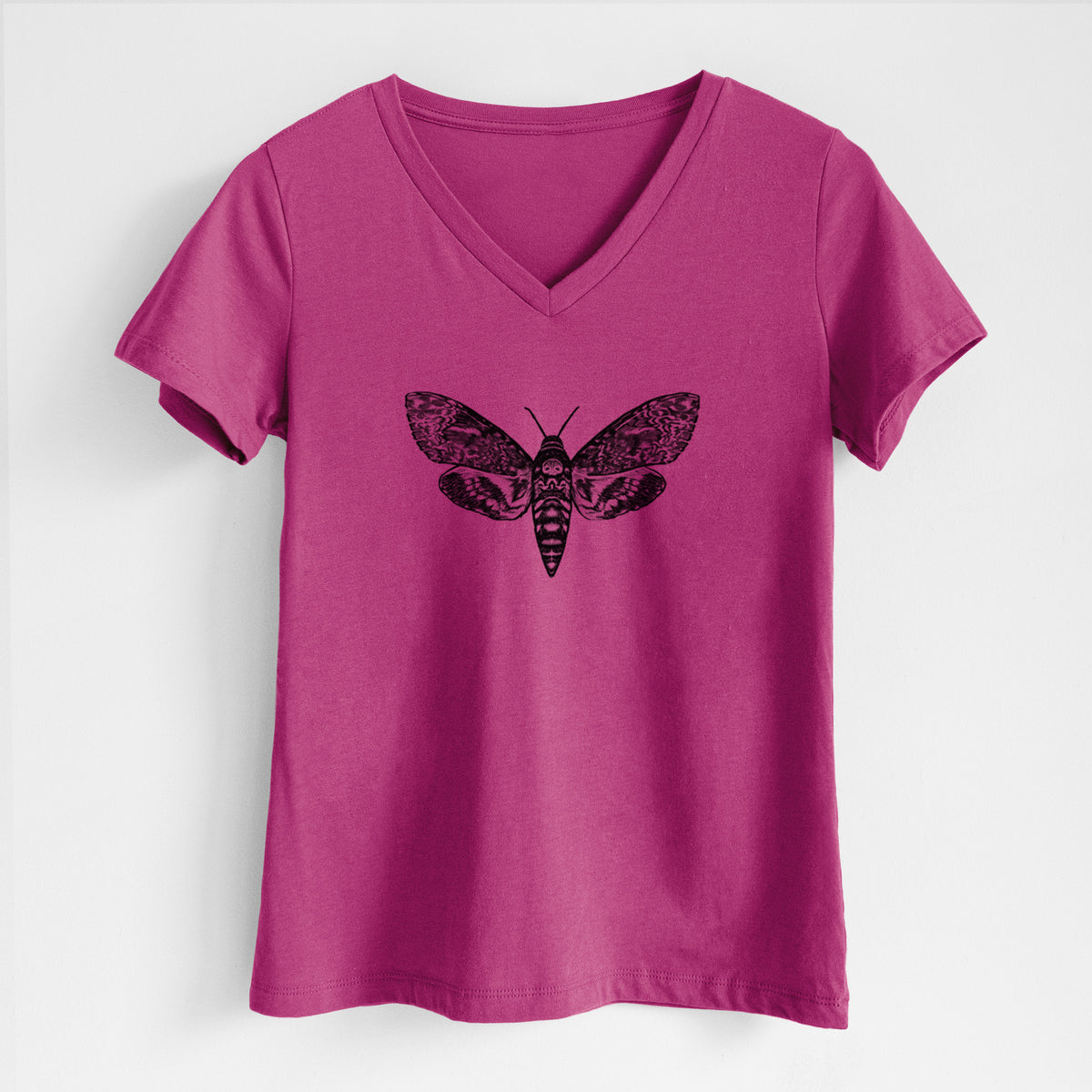 Berry pink women's relaxed fit cotton V-neck t-shirt laid flat, printed with a detailed black ink illustration of a death's-head hawkmoth with its wings spread.