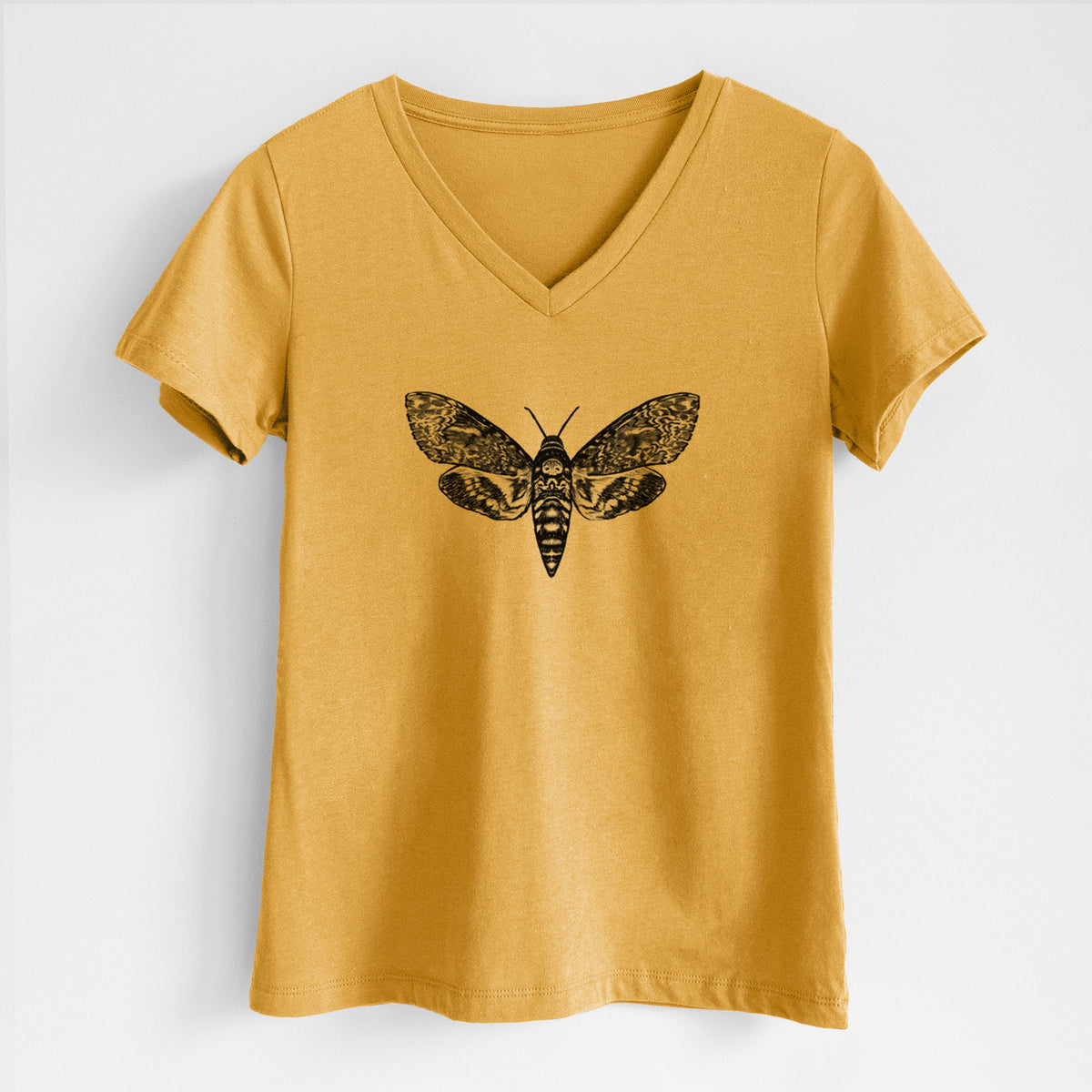 Honeycomb yellow women's relaxed fit cotton V-neck t-shirt laid flat, printed with a detailed black ink illustration of a death's-head hawkmoth with its wings spread.