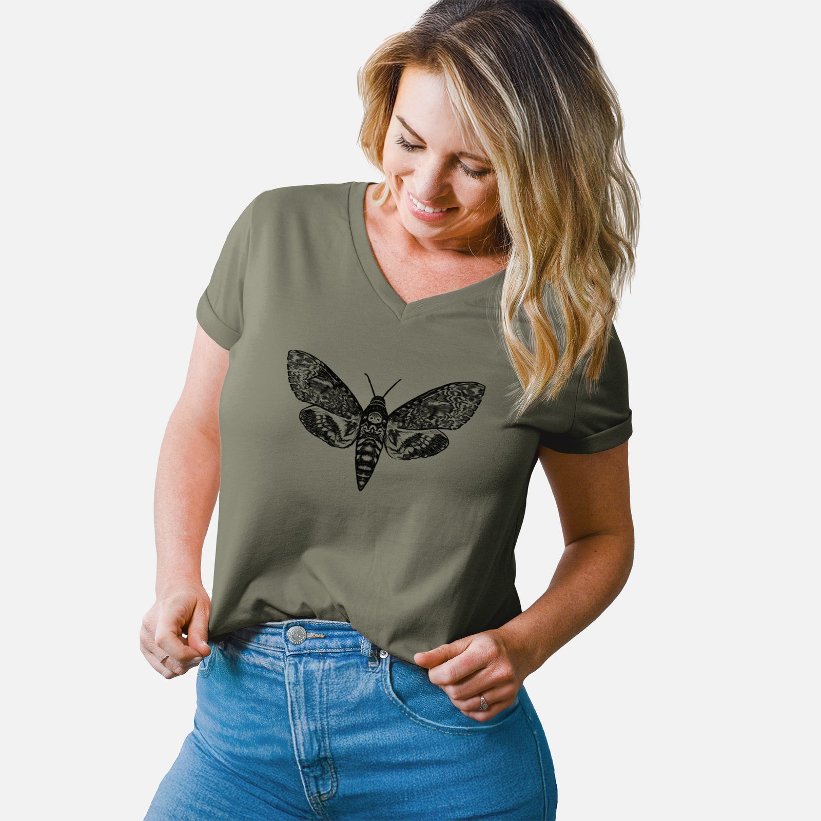 Turquoise women's relaxed fit cotton V-neck t-shirt laid flat, printed with a detailed black ink illustration of a death's-head hawkmoth with its wings spread.