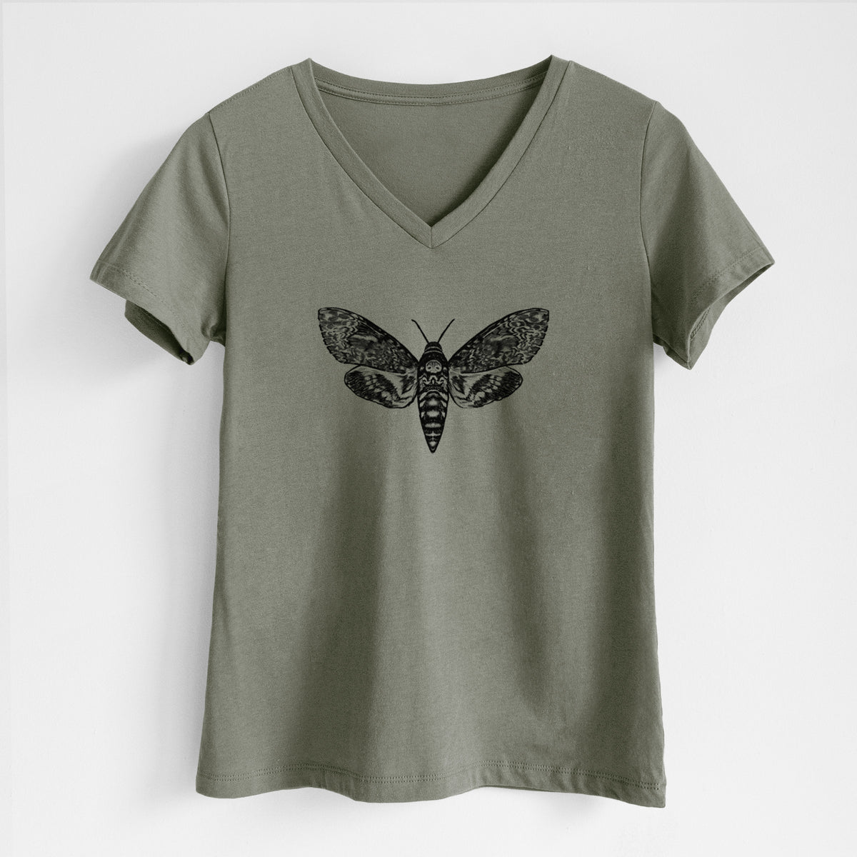 Military green women's relaxed fit cotton V-neck t-shirt laid flat, printed with a detailed black ink illustration of a death's-head hawkmoth with its wings spread.