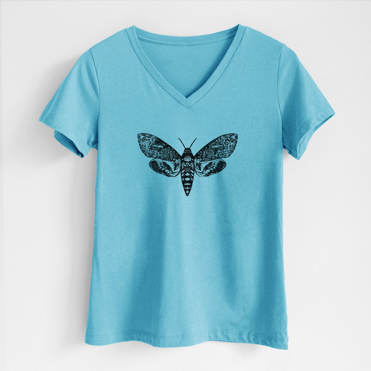 Turquoise women's relaxed fit cotton V-neck t-shirt laid flat, printed with a detailed black ink illustration of a death's-head hawkmoth with its wings spread.