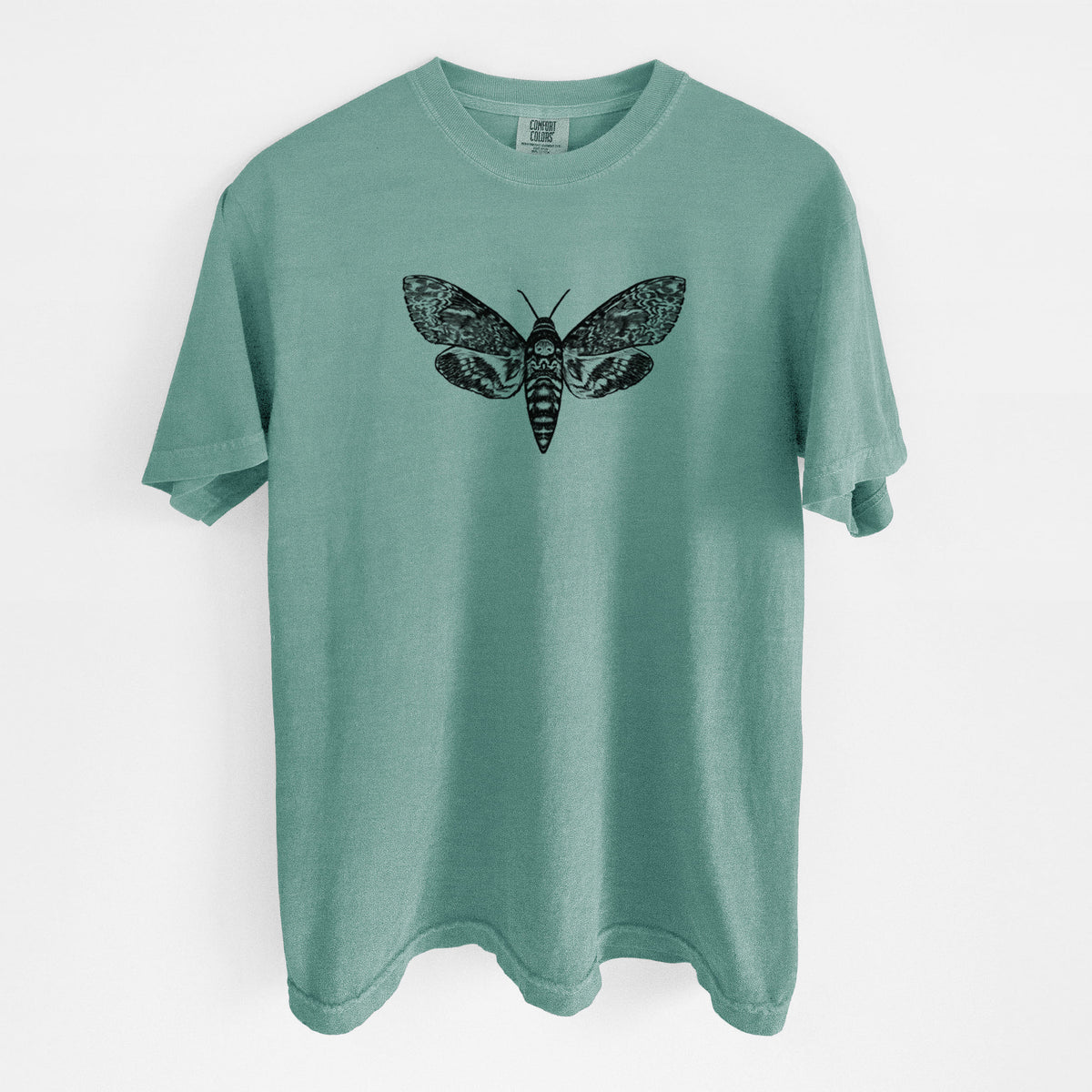 Reef green Comfort Colors t-shirt laid flat, printed with a detailed black ink illustration of a death's-head hawkmoth with its wings spread.