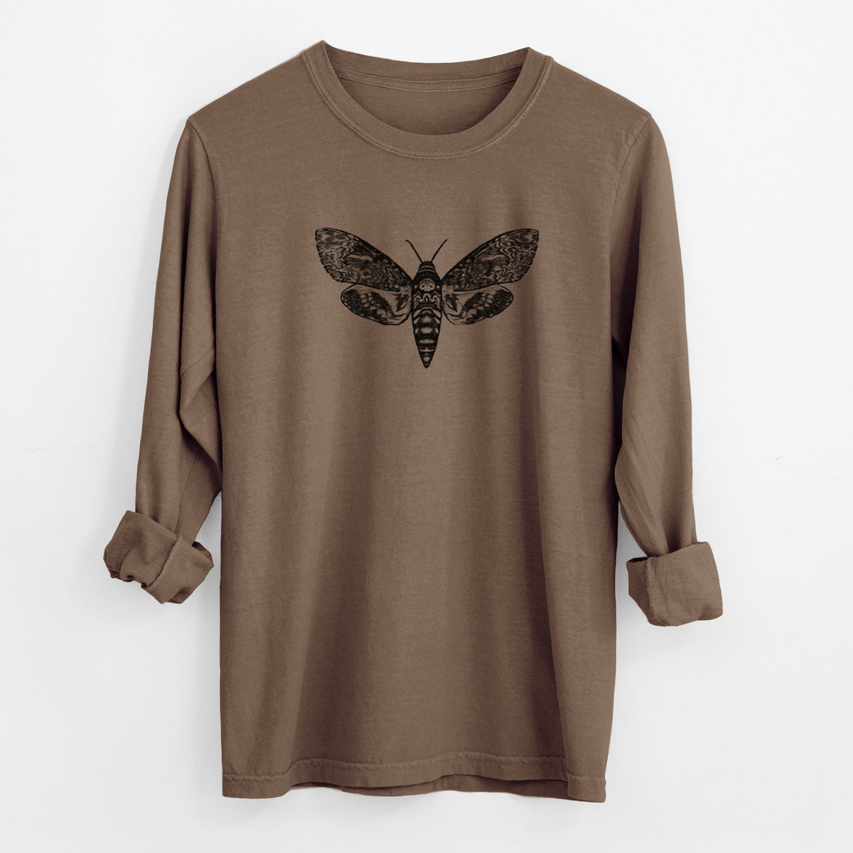 Espresso brown Comfort Colors long sleeve shirt laid flat with the cuffs rolled, printed with a detailed black ink illustration of a death's-head hawkmoth with its wings spread.