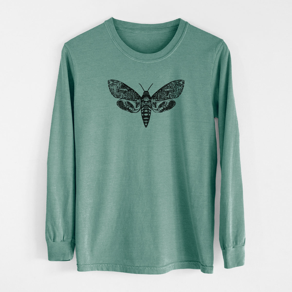 Pine green Comfort Colors long sleeve shirt laid flat, printed with a detailed black ink illustration of a death's-head hawkmoth with its wings spread.