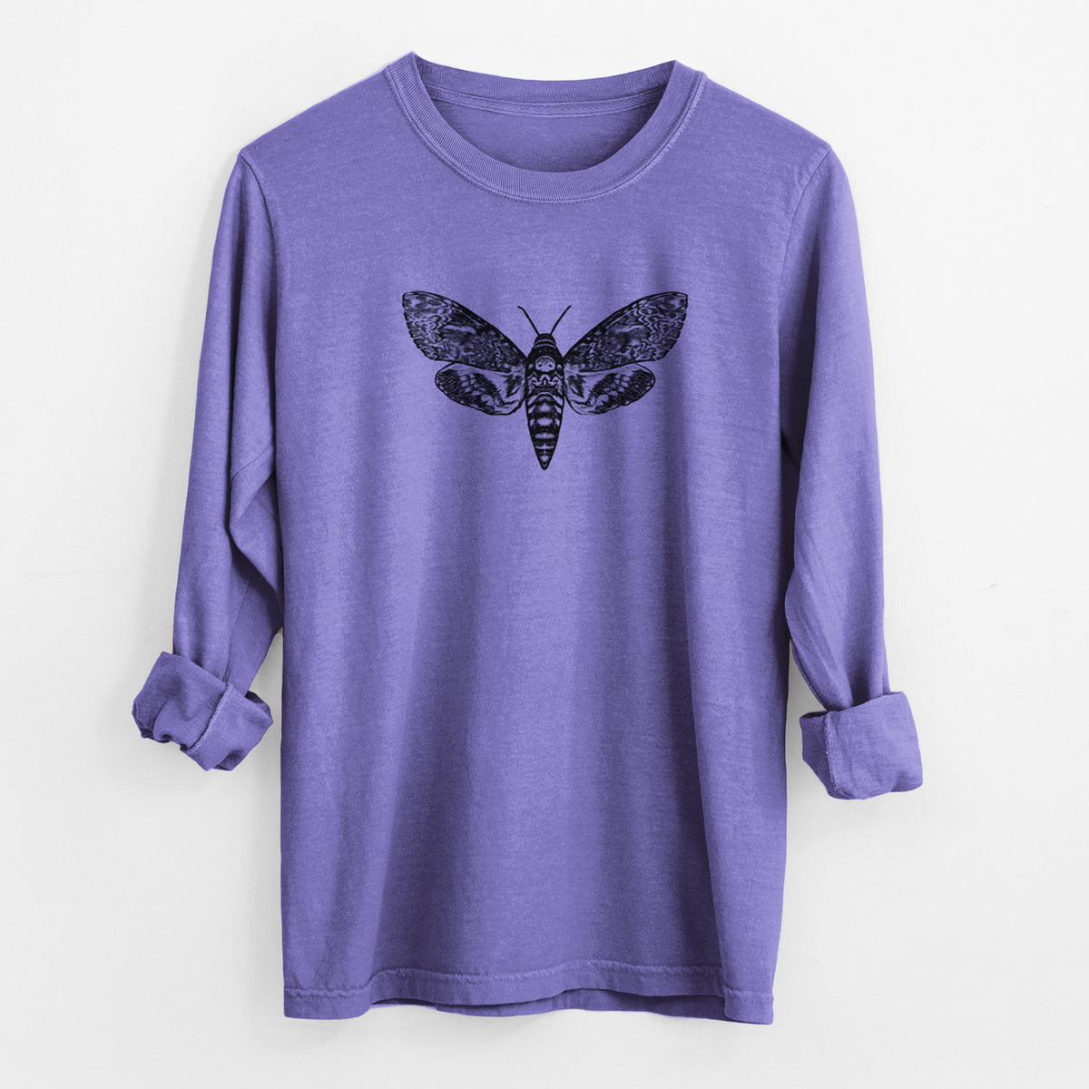 Violet purple Comfort Colors long sleeve shirt laid flat with the cuffs rolled, printed with a detailed black ink illustration of a death's-head hawkmoth with its wings spread.