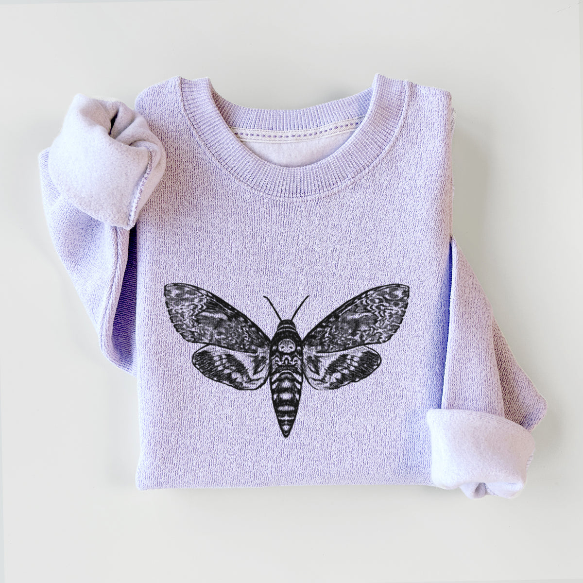 Ice purple knit sweatshirt printed with a detailed black ink illustration of a death's-head hawkmoth with its wings spread, styled flat.