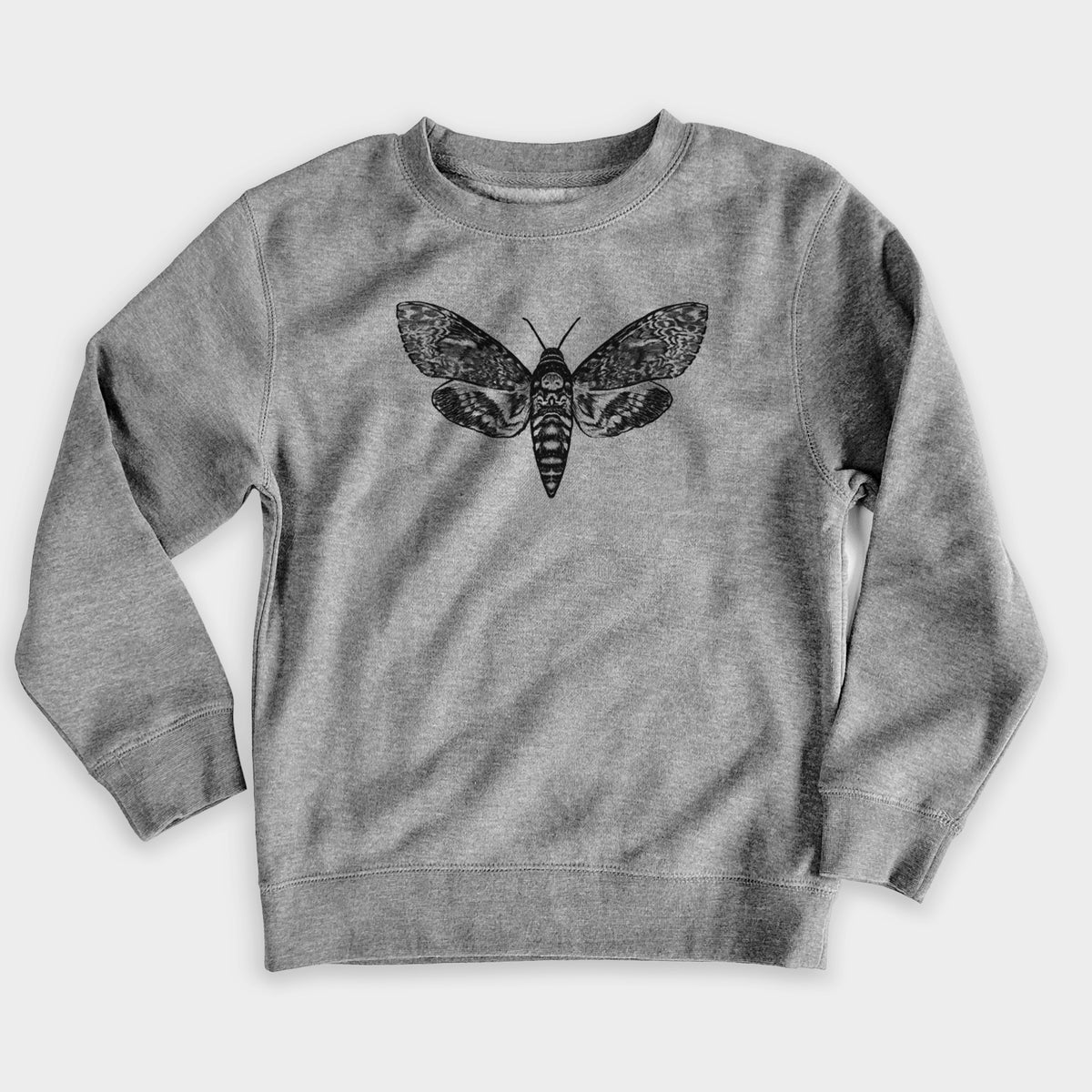 Nickel grey youth crewneck sweatshirt laid flat, printed with a detailed black ink illustration of a death's-head hawkmoth with its wings spread.