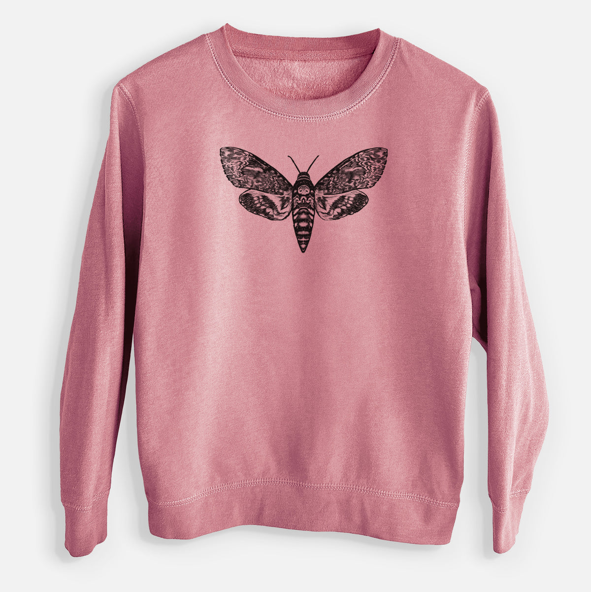 Mauve pink youth crewneck sweatshirt laid flat, printed with a detailed black ink illustration of a death's-head hawkmoth with its wings spread.