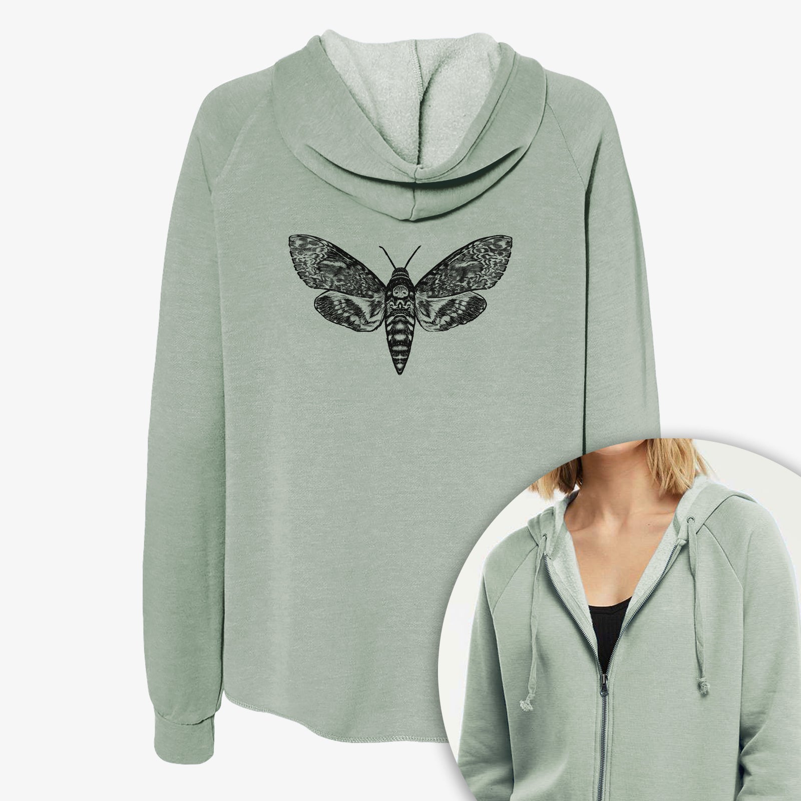 Women's Cali Wave zip-up sweatshirt printed with a detailed black ink illustration of a death's-head hawkmoth with its wings spread, with a close-up of the zipper.
