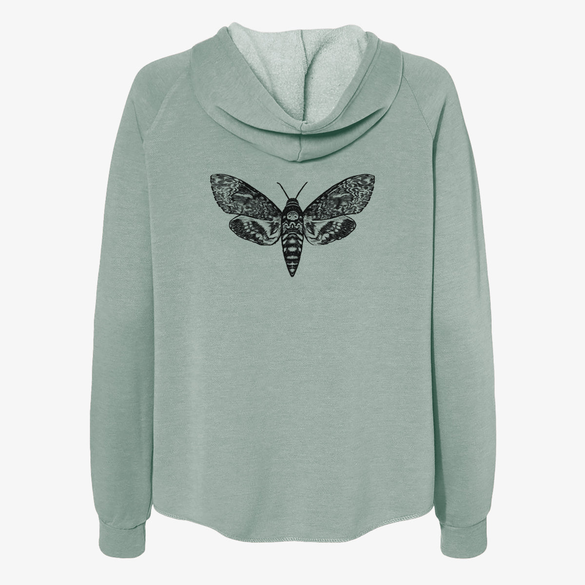 Sage green women's Cali Wave zip-up sweatshirt laid flat, printed with a detailed black ink illustration of a death's-head hawkmoth with its wings spread.
