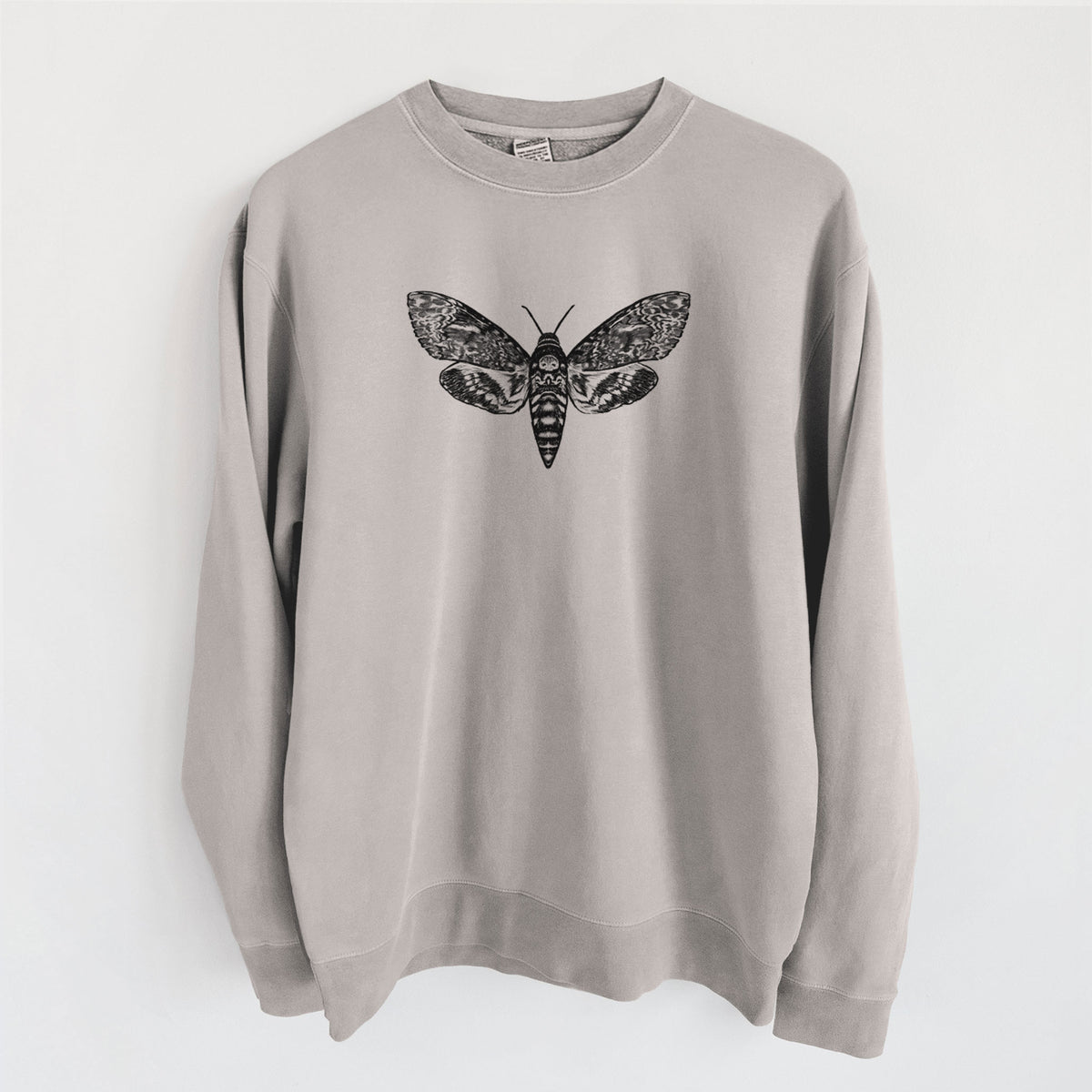 Cement grey pigment dyed crewneck sweatshirt laid flat, printed with a detailed black ink illustration of a death's-head hawkmoth with its wings spread.