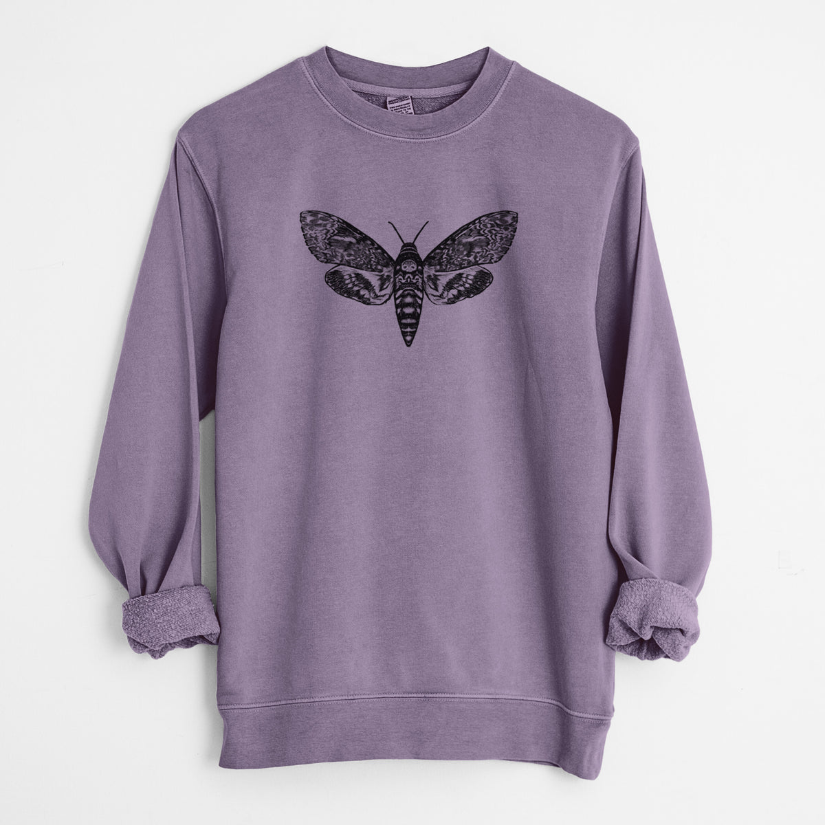 Plum purple pigment dyed crewneck sweatshirt laid flat with the sleeves rolled, printed with a detailed black ink illustration of a death's-head hawkmoth with its wings spread.