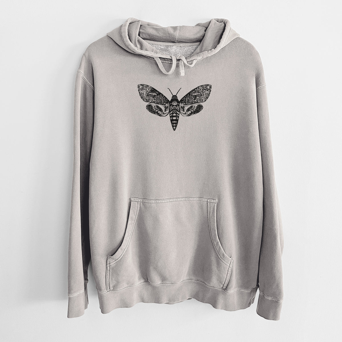 Cement grey pigment dyed hoodie laid flat, printed with a detailed black ink illustration of a death's-head hawkmoth with its wings spread.