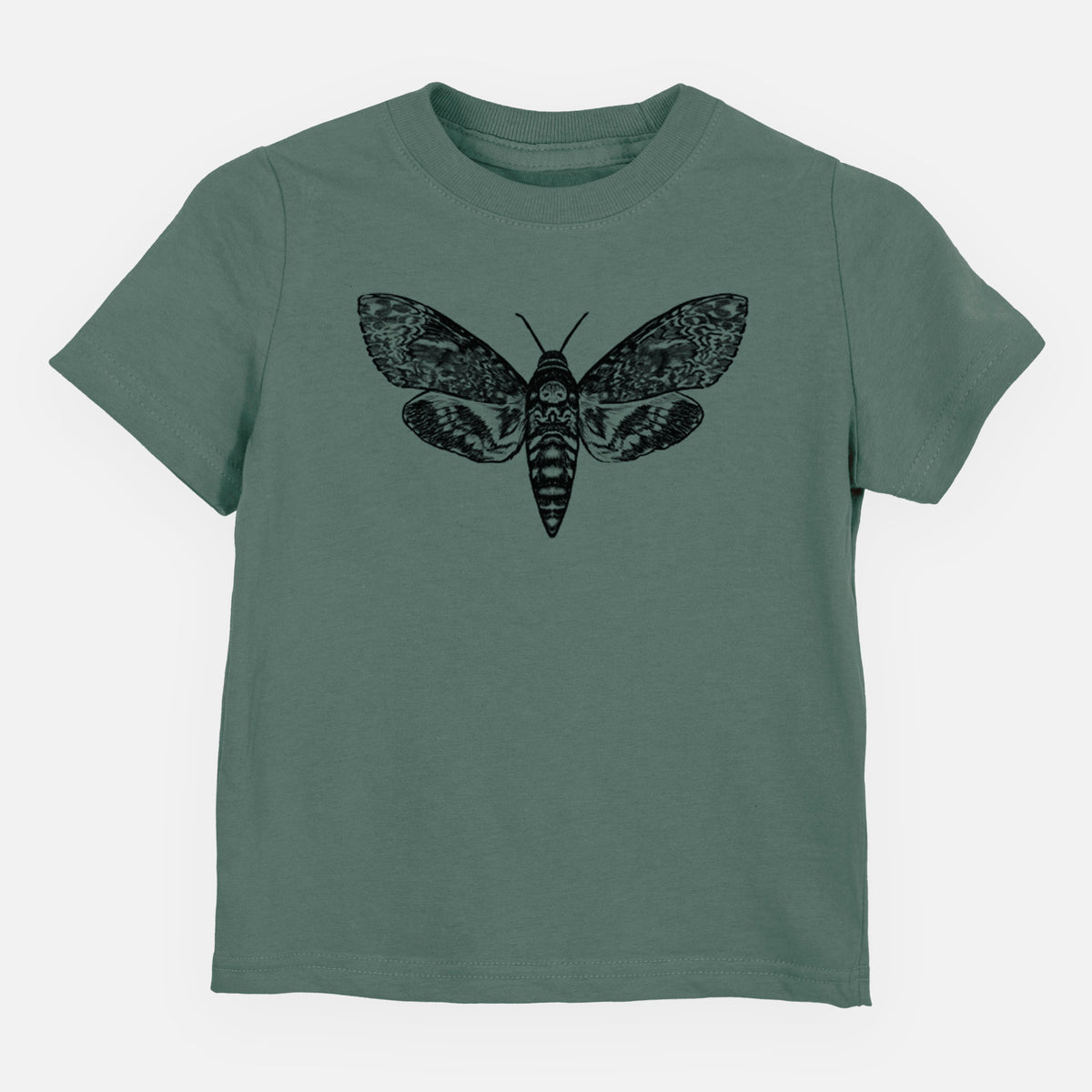 Basil green toddler t-shirt laid flat, printed with a detailed black ink illustration of a death's-head hawkmoth with its wings spread.