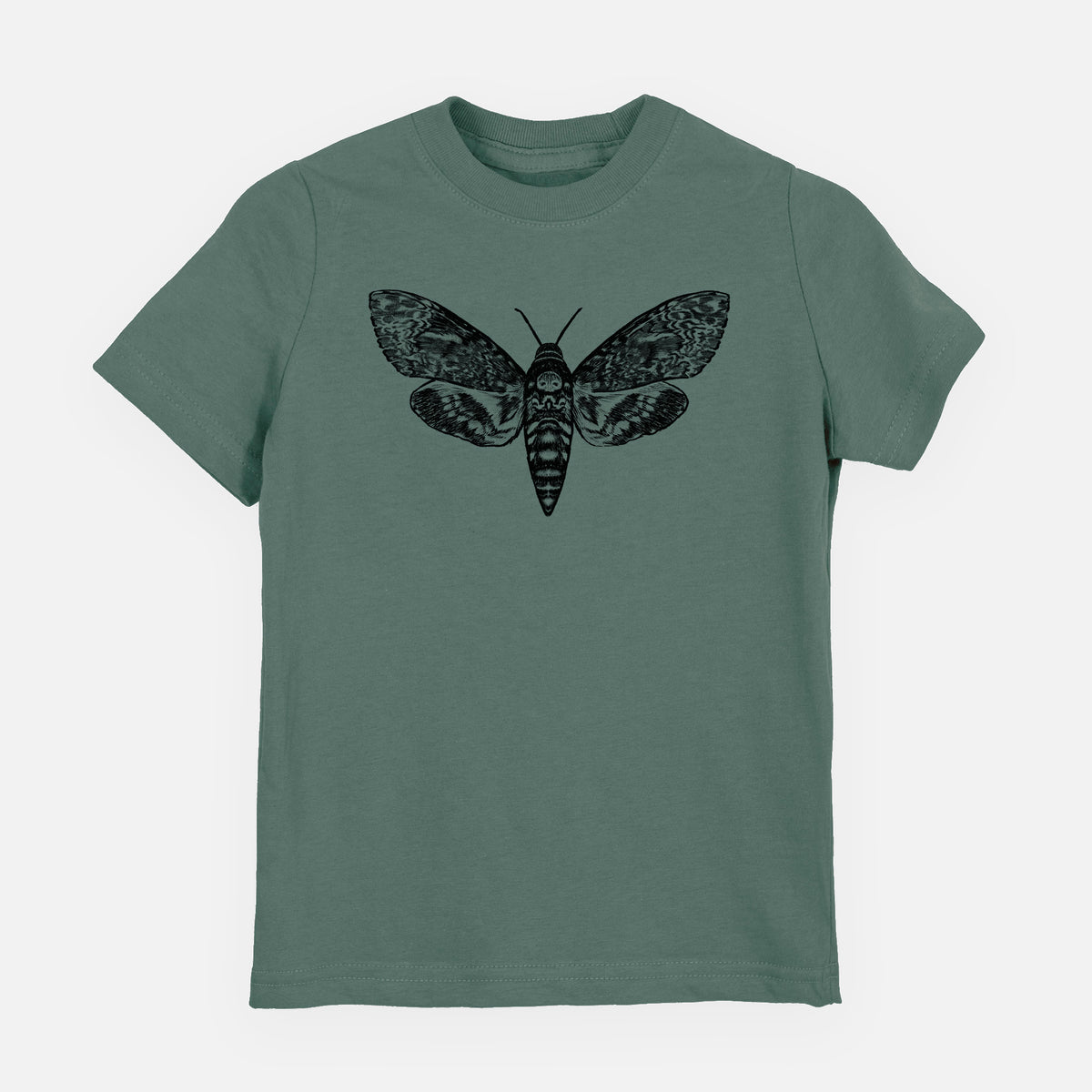 Basil green youth t-shirt laid flat, printed with a detailed black ink illustration of a death's-head hawkmoth with its wings spread.