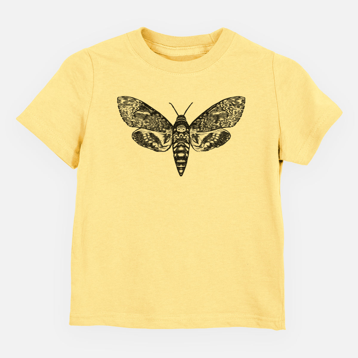Butter yellow toddler t-shirt laid flat, printed with a detailed black ink illustration of a death's-head hawkmoth with its wings spread.