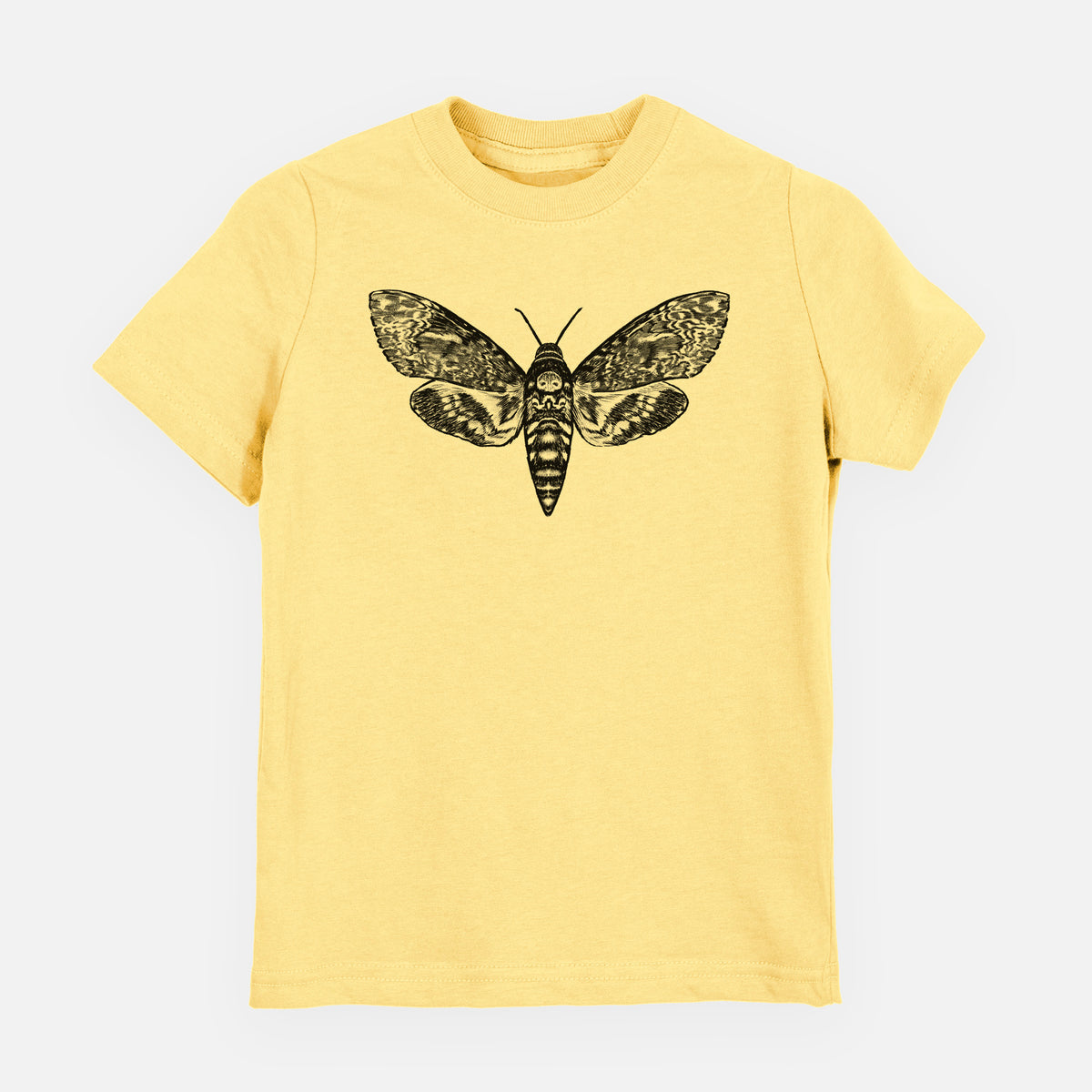 Butter yellow youth t-shirt laid flat, printed with a detailed black ink illustration of a death's-head hawkmoth with its wings spread.