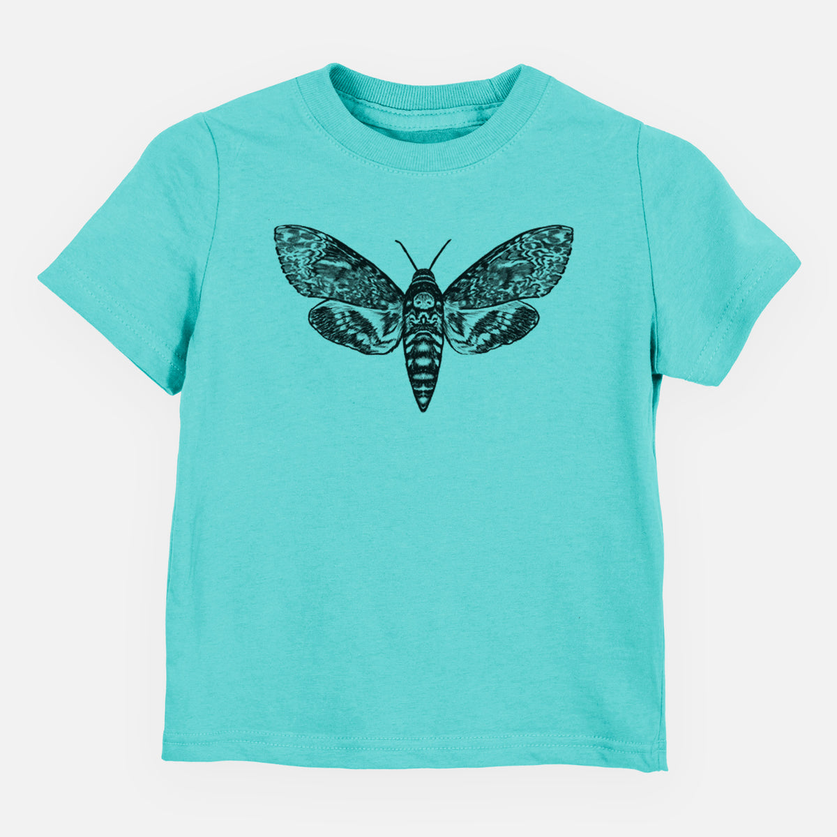 Caribbean blue toddler t-shirt laid flat, printed with a detailed black ink illustration of a death's-head hawkmoth with its wings spread.