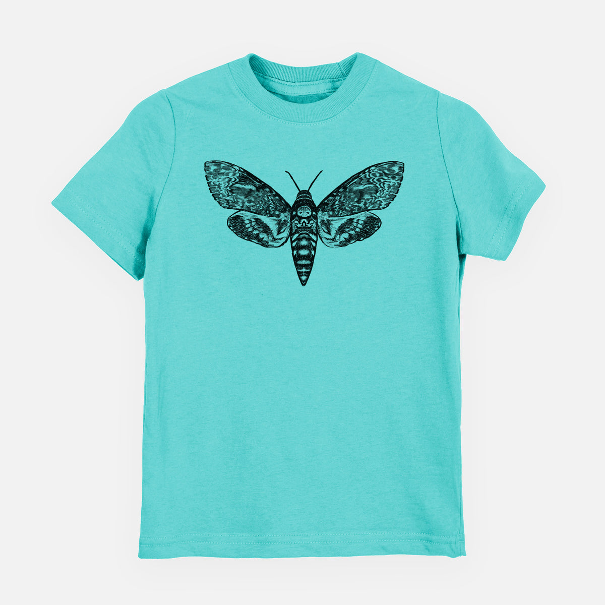 Caribbean blue youth t-shirt laid flat, printed with a detailed black ink illustration of a death's-head hawkmoth with its wings spread.