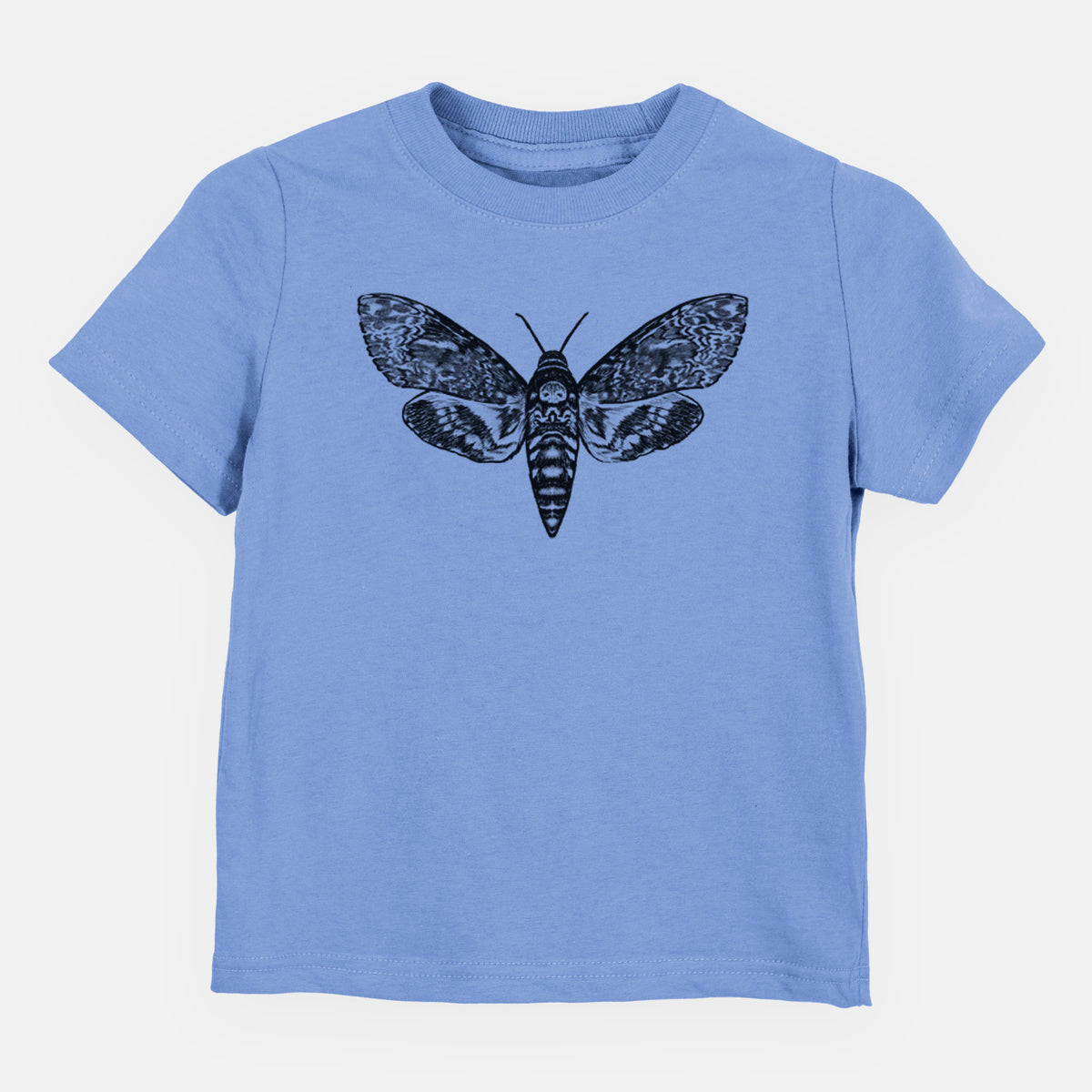 Carolina blue toddler t-shirt laid flat, printed with a detailed black ink illustration of a death's-head hawkmoth with its wings spread.
