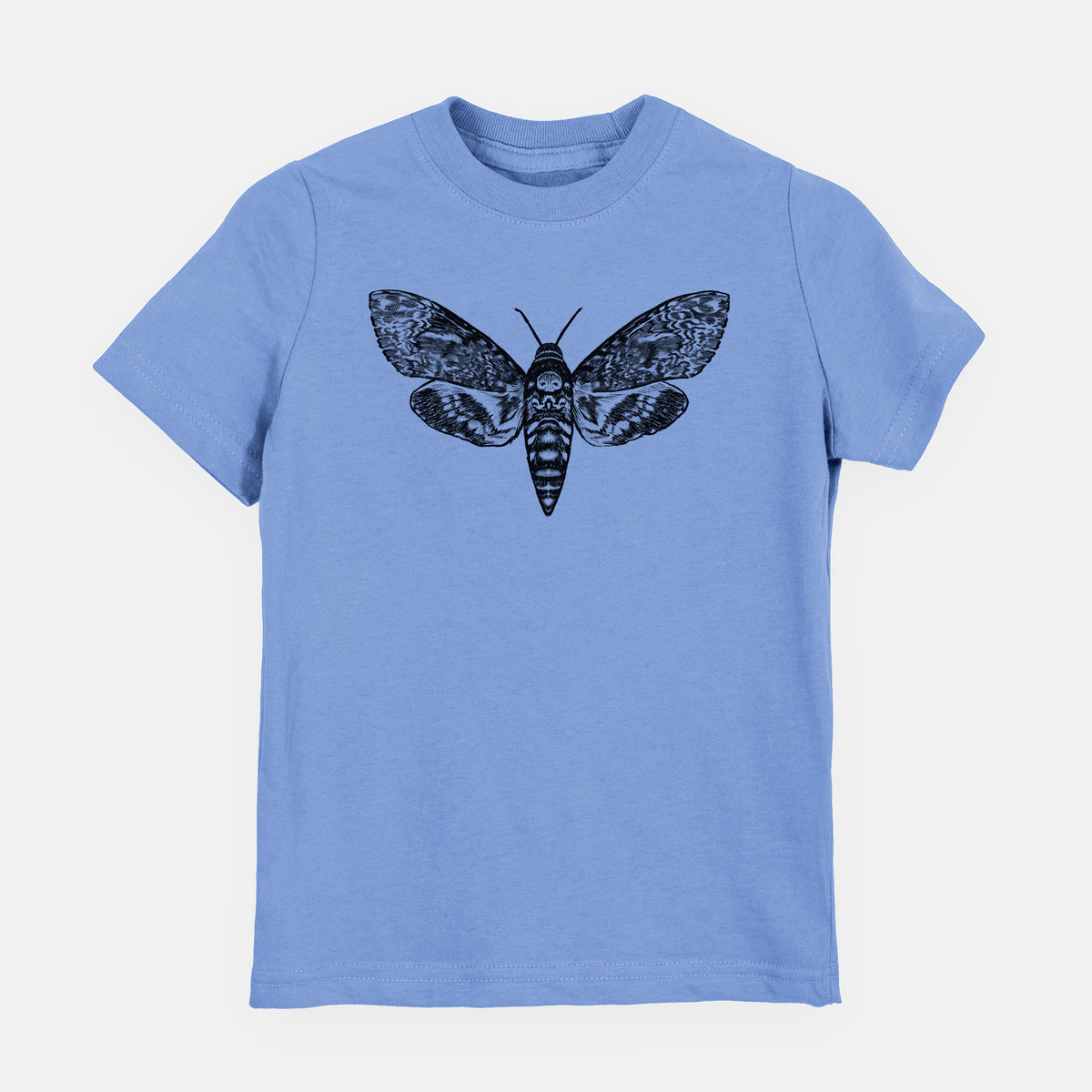 Carolina blue youth t-shirt laid flat, printed with a detailed black ink illustration of a death's-head hawkmoth with its wings spread.