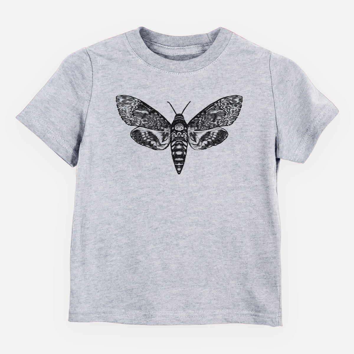 Heather grey toddler t-shirt laid flat, printed with a detailed black ink illustration of a death's-head hawkmoth with its wings spread.