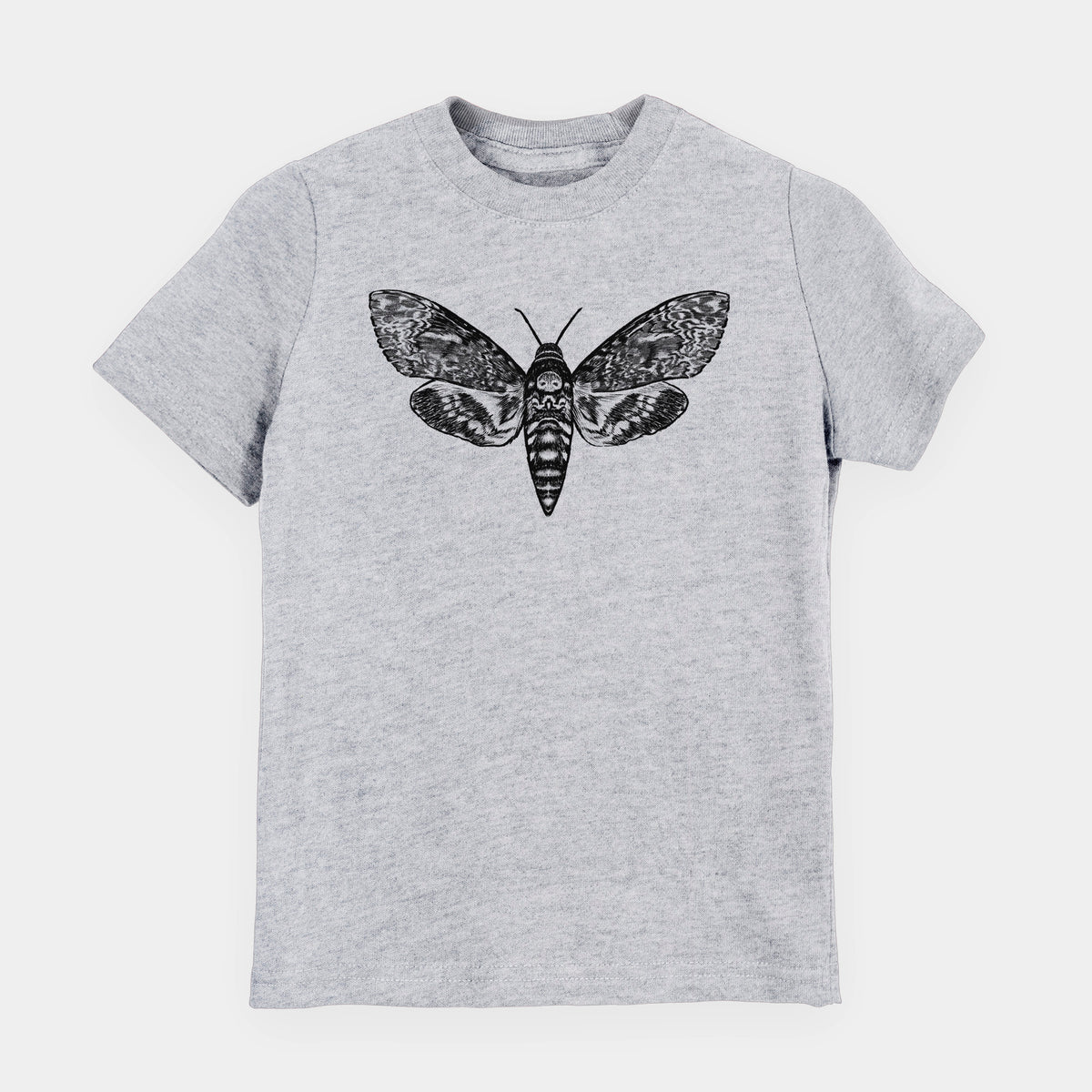 Heather grey youth t-shirt laid flat, printed with a detailed black ink illustration of a death's-head hawkmoth with its wings spread.