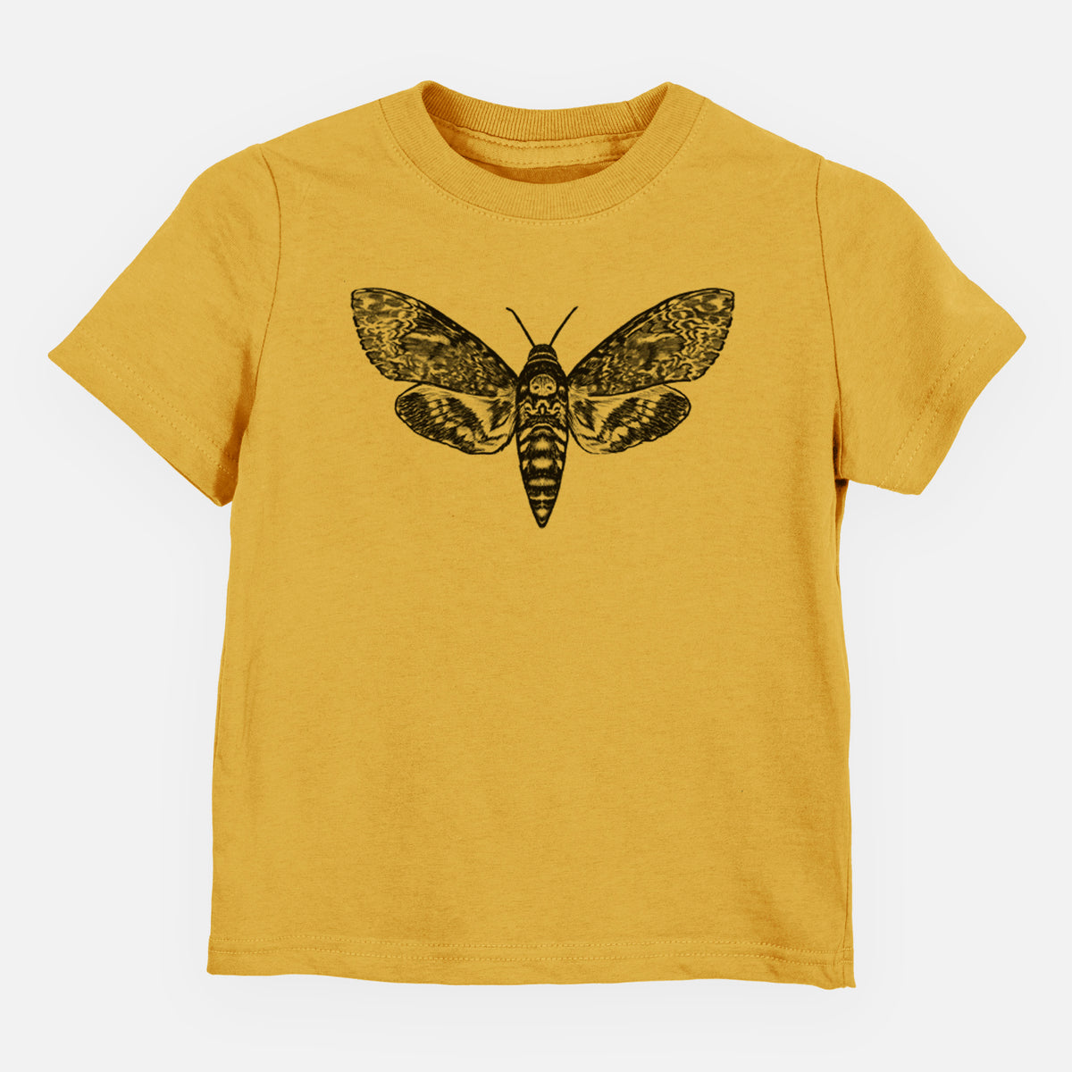Honeycomb yellow toddler t-shirt laid flat, printed with a detailed black ink illustration of a death's-head hawkmoth with its wings spread.