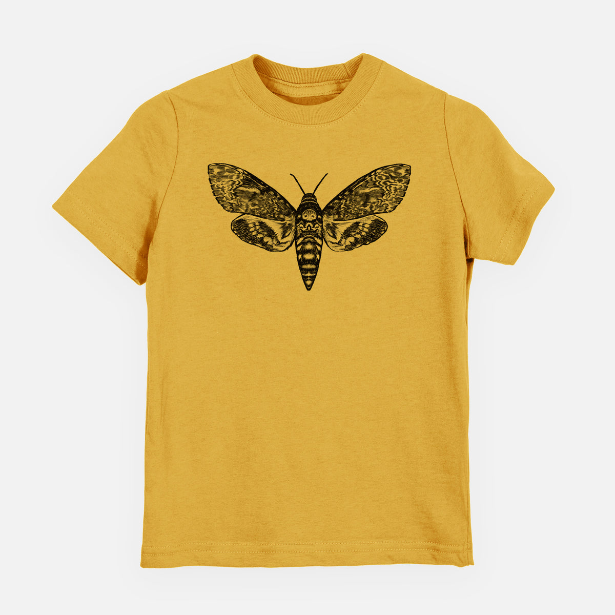 Honeycomb yellow youth t-shirt laid flat, printed with a detailed black ink illustration of a death's-head hawkmoth with its wings spread.