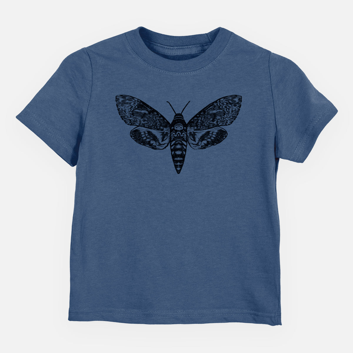 Indigo blue toddler t-shirt laid flat, printed with a detailed black ink illustration of a death's-head hawkmoth with its wings spread.