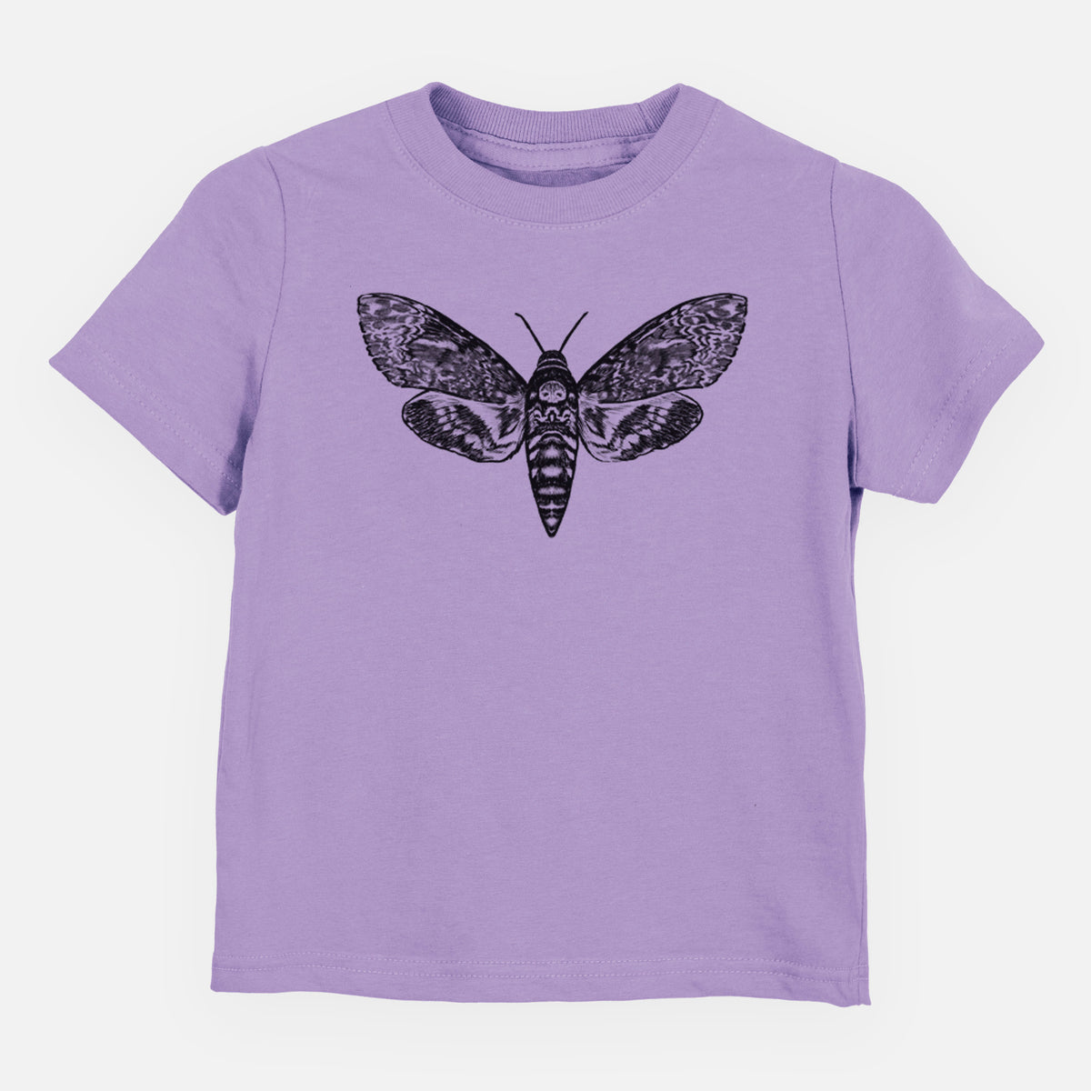 Lavender toddler t-shirt laid flat, printed with a detailed black ink illustration of a death's-head hawkmoth with its wings spread.