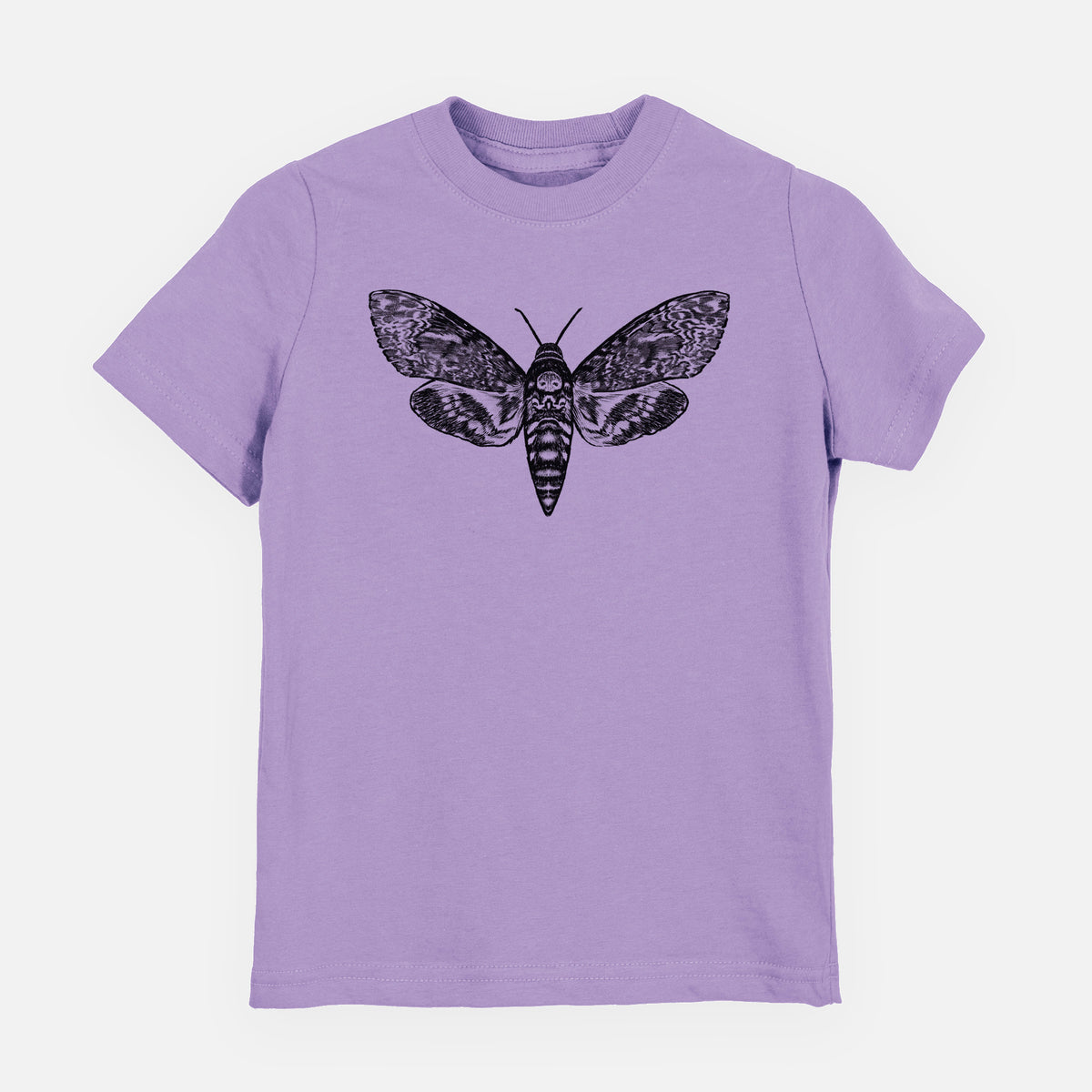 Lavender youth t-shirt laid flat, printed with a detailed black ink illustration of a death's-head hawkmoth with its wings spread.