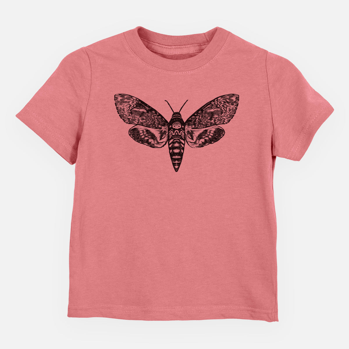 Mauve pink toddler t-shirt laid flat, printed with a detailed black ink illustration of a death's-head hawkmoth with its wings spread.