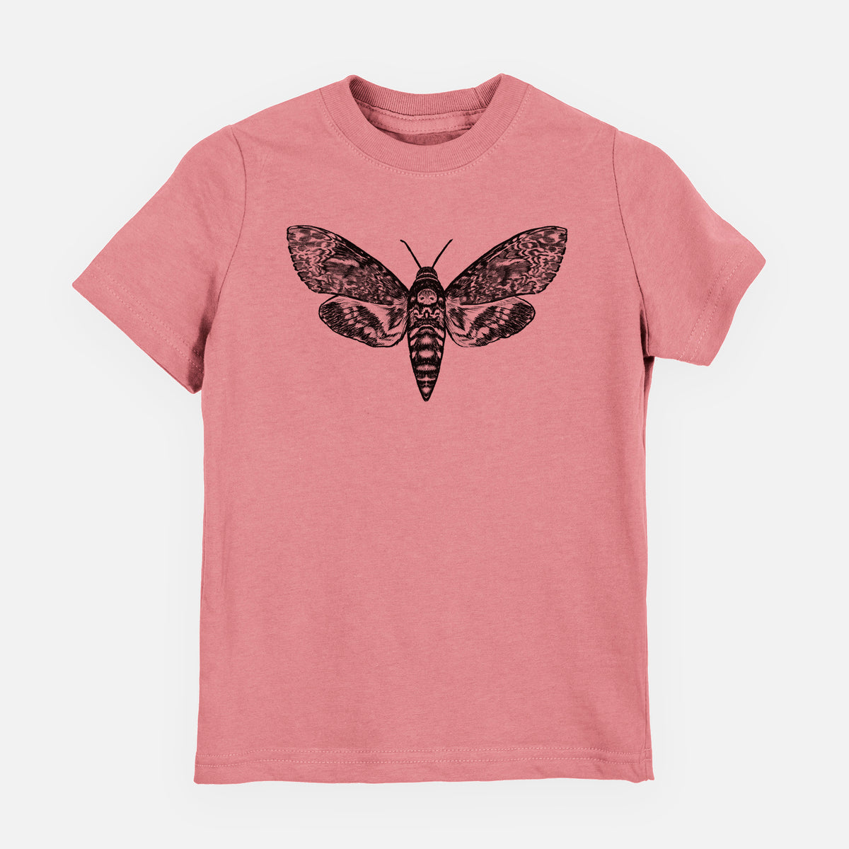 Mauve pink youth t-shirt laid flat, printed with a detailed black ink illustration of a death's-head hawkmoth with its wings spread.