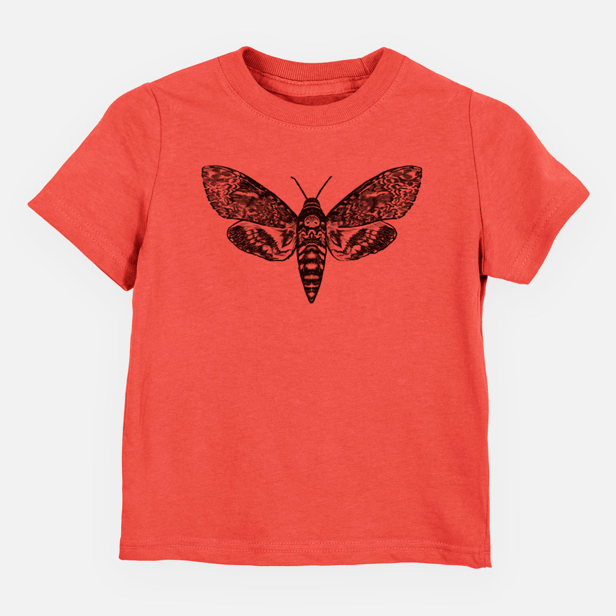 Passionfruit pink toddler t-shirt laid flat, printed with a detailed black ink illustration of a death's-head hawkmoth with its wings spread.