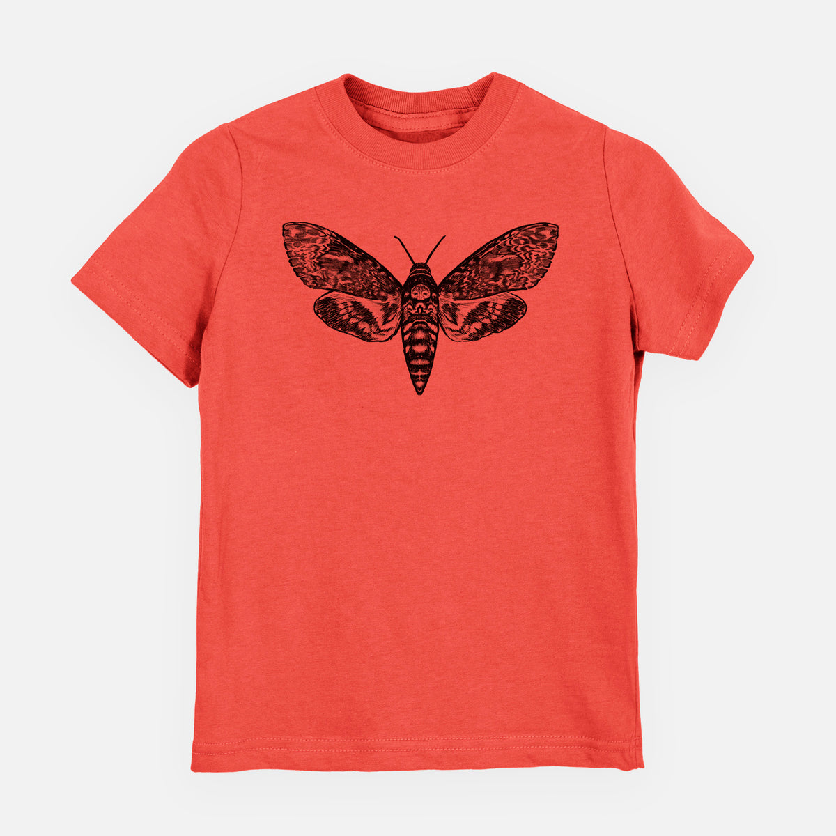 Passionfruit pink youth t-shirt laid flat, printed with a detailed black ink illustration of a death's-head hawkmoth with its wings spread.