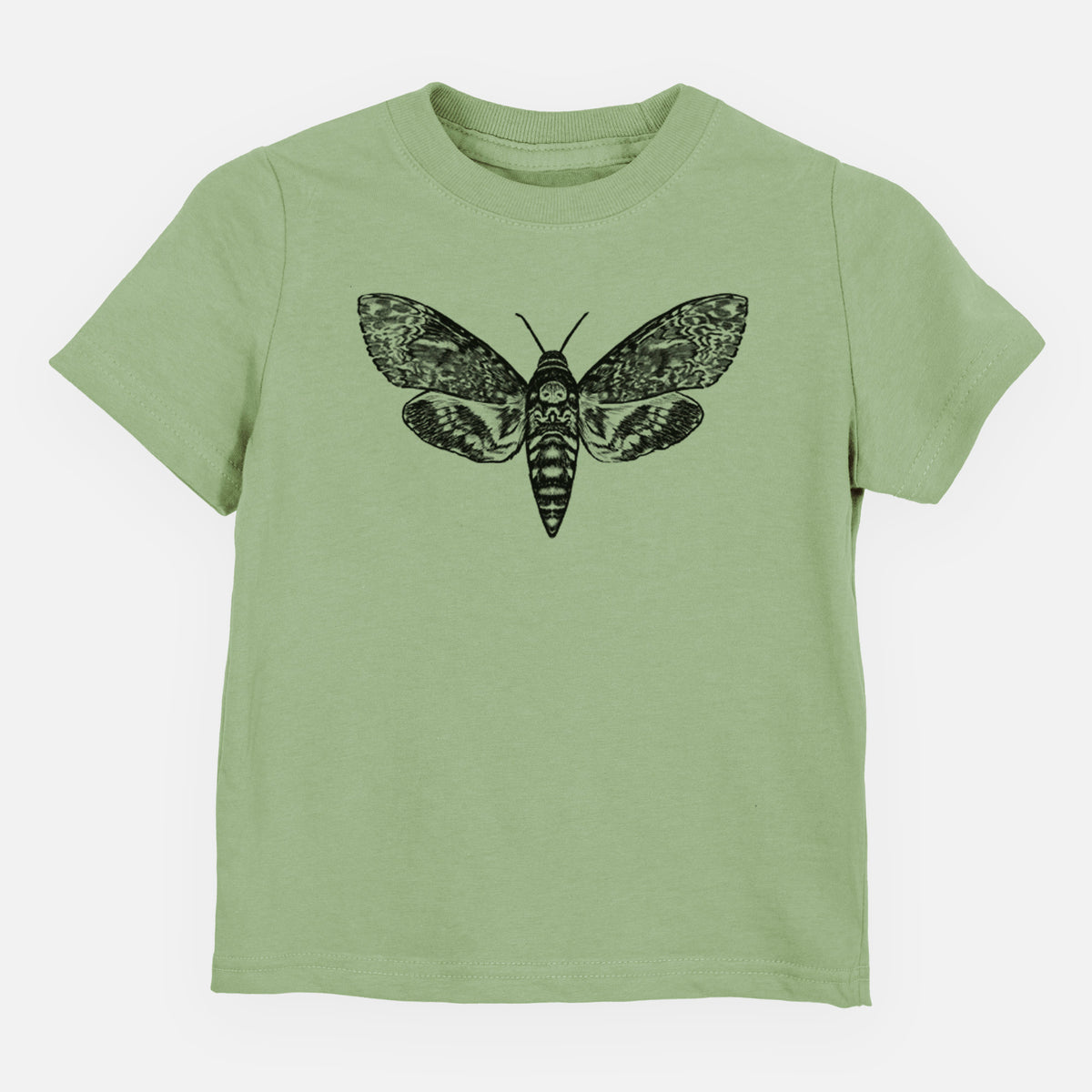 Sage green toddler t-shirt laid flat, printed with a detailed black ink illustration of a death's-head hawkmoth with its wings spread.