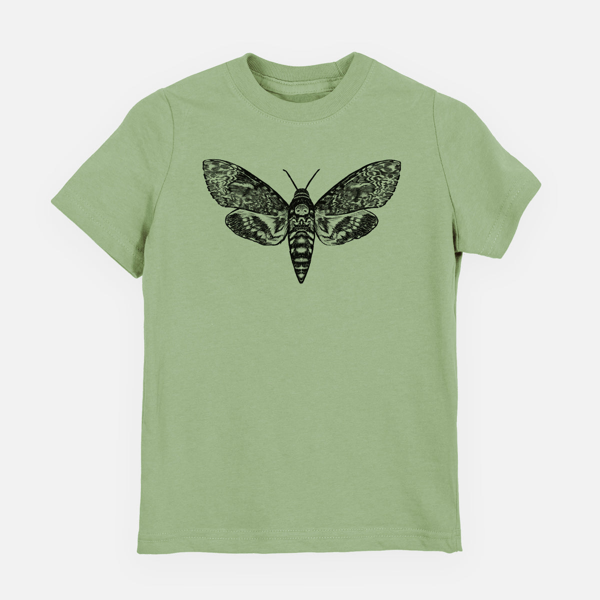 Sage green youth t-shirt laid flat, printed with a detailed black ink illustration of a death's-head hawkmoth with its wings spread.
