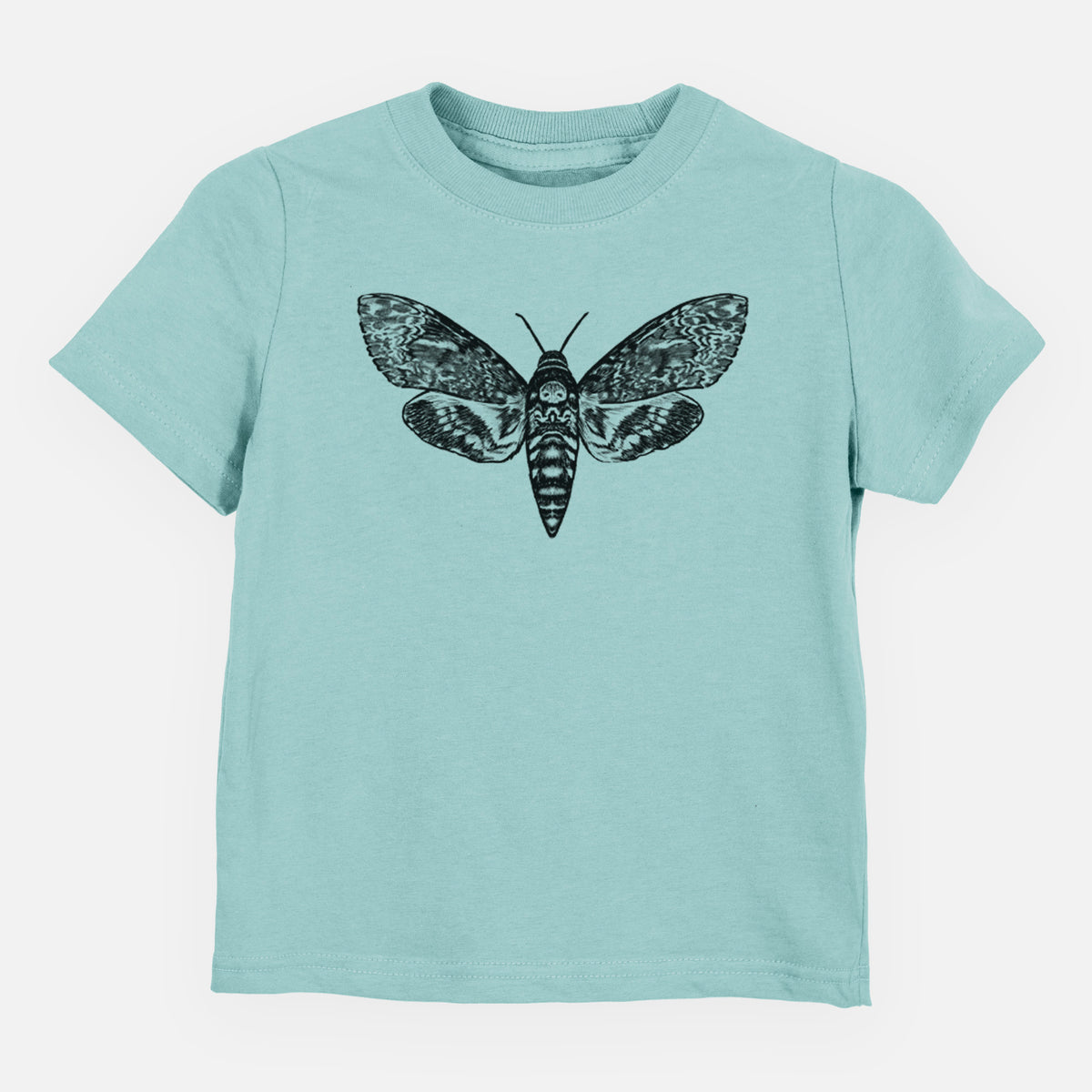 Saltwater toddler t-shirt laid flat, printed with a detailed black ink illustration of a death's-head hawkmoth with its wings spread.