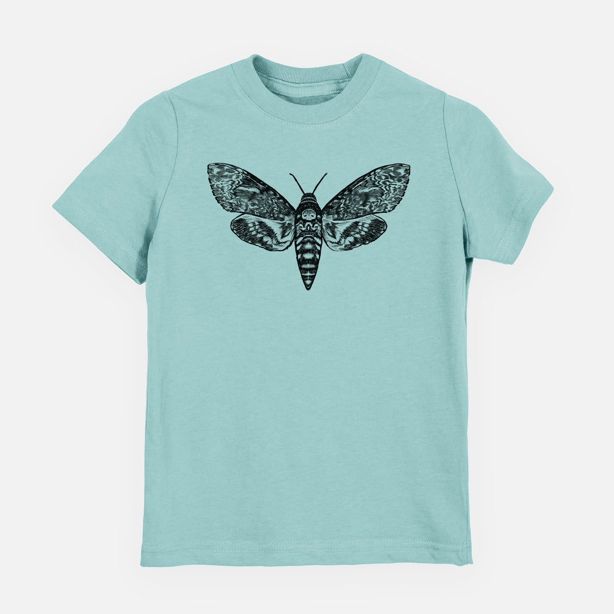 Saltwater youth t-shirt laid flat, printed with a detailed black ink illustration of a death's-head hawkmoth with its wings spread.