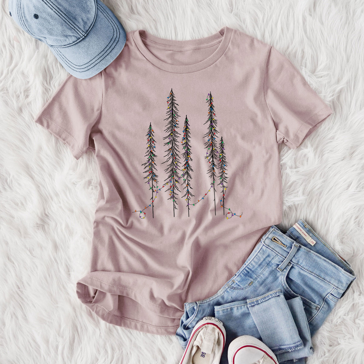 Christmas Deck the Redwoods - Women's Lightweight Relaxed Fit 100% Cotton Crewneck, flat lay