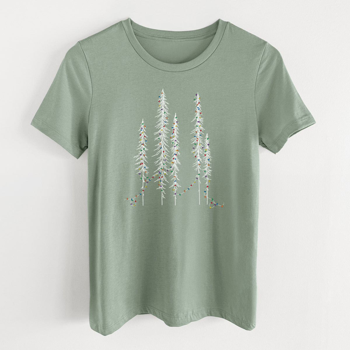 Christmas Deck the Redwoods - Women's Lightweight Relaxed Fit 100% Cotton Crewneck in Sage, on a hanger