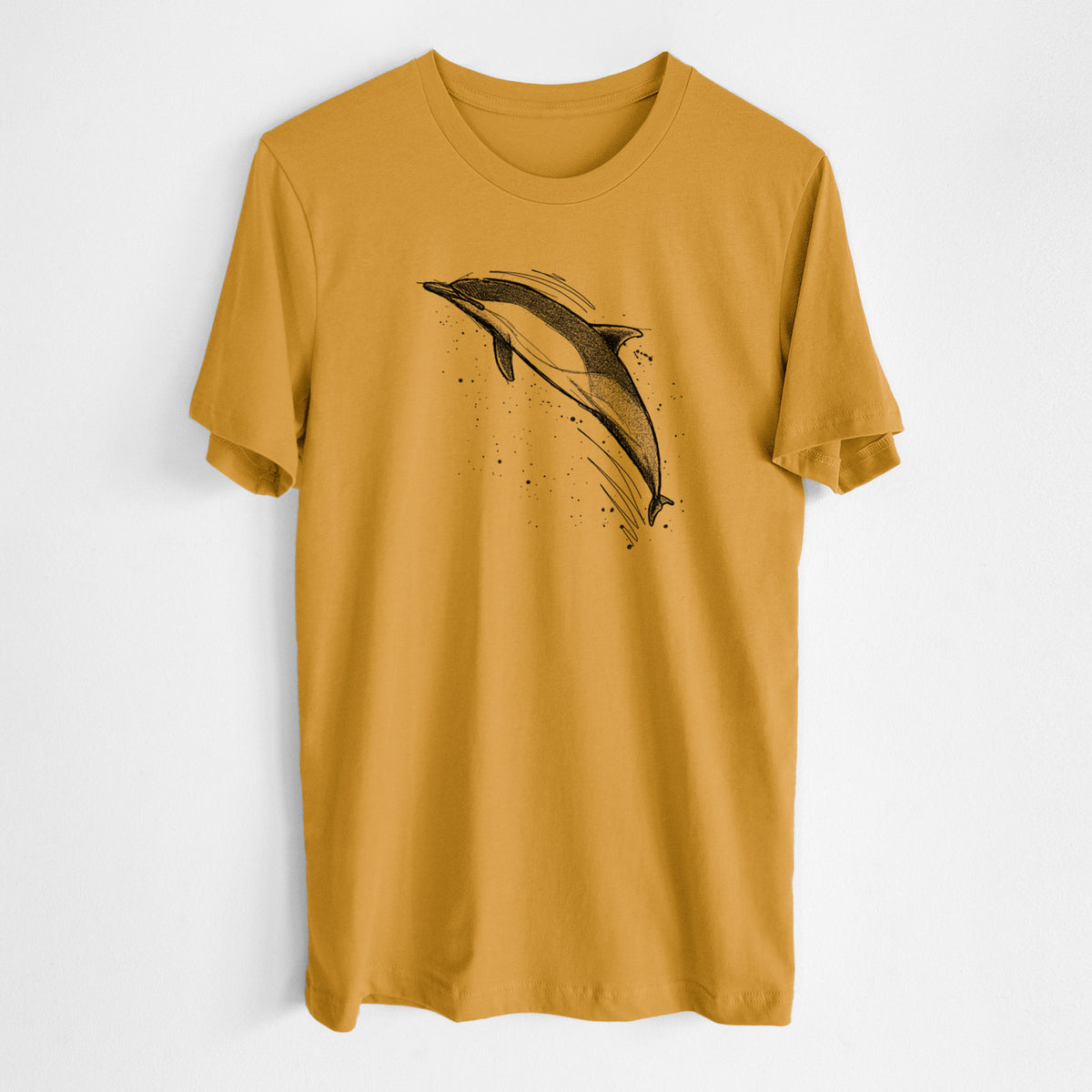 Honeycomb yellow lightweight cotton t-shirt laid flat, printed with a black ink illustration of a common dolphin leaping, with ink splatters.