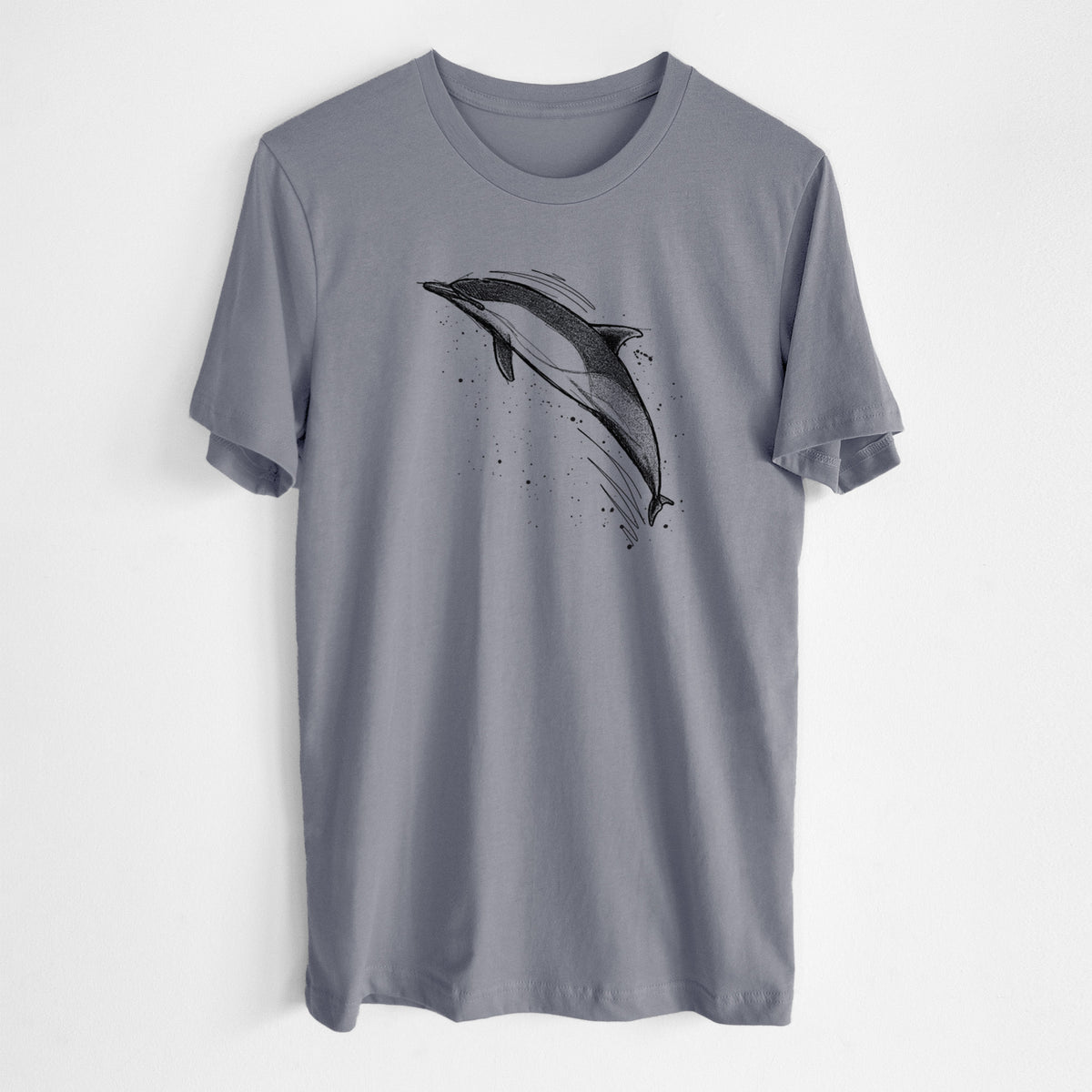 Storm grey lightweight cotton t-shirt laid flat, printed with a black ink illustration of a common dolphin leaping, with ink splatters.