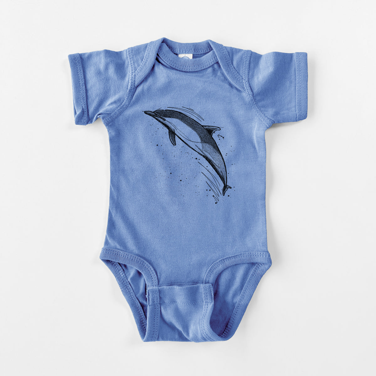 Carolina blue baby bodysuit laid flat, printed with a black ink illustration of a common dolphin leaping, with ink splatters.