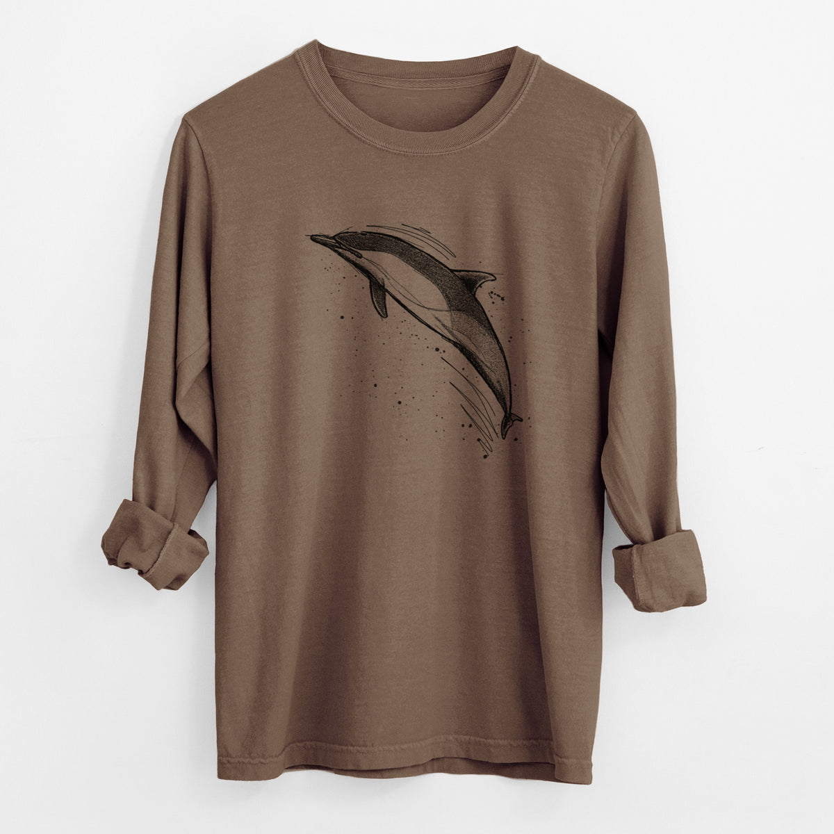 Espresso brown Comfort Colors long sleeve shirt laid flat with the cuffs rolled, printed with a black ink illustration of a common dolphin leaping, with ink splatters.