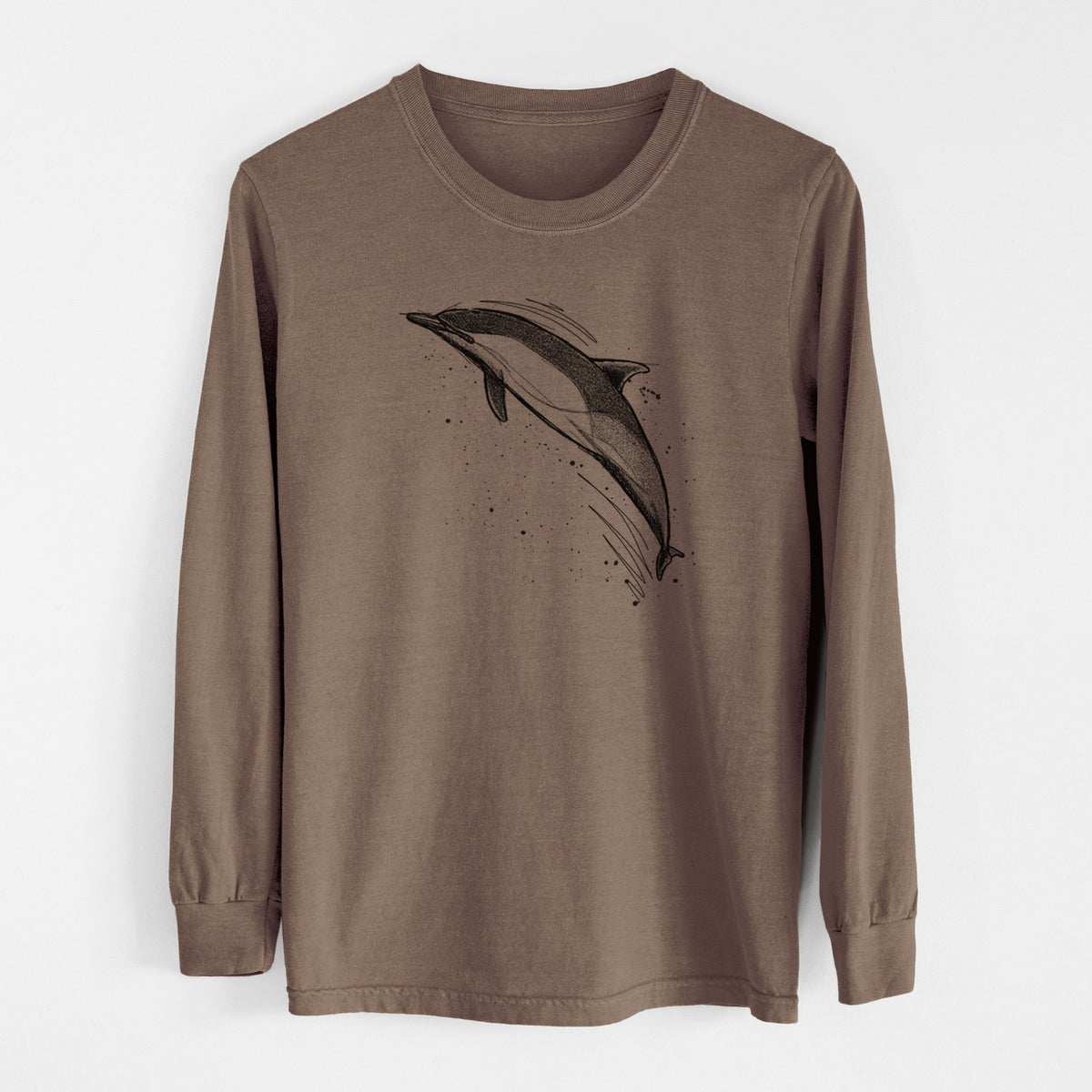 Espresso brown Comfort Colors long sleeve shirt laid flat, printed with a black ink illustration of a common dolphin leaping, with ink splatters.