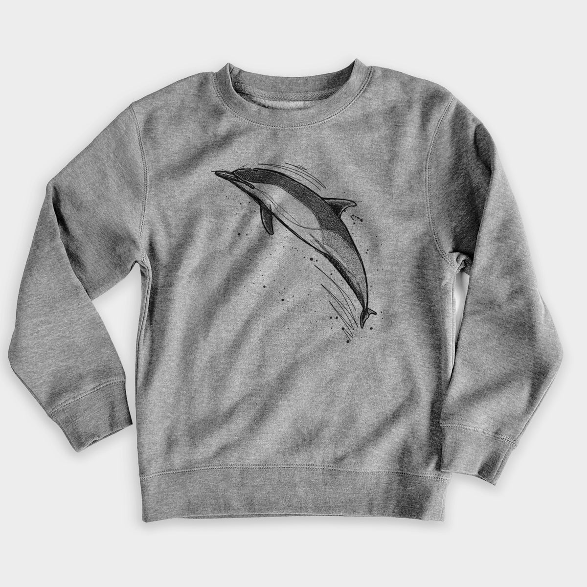 Nickel grey youth crewneck sweatshirt laid flat, printed with a black ink illustration of a common dolphin leaping, with ink splatters.